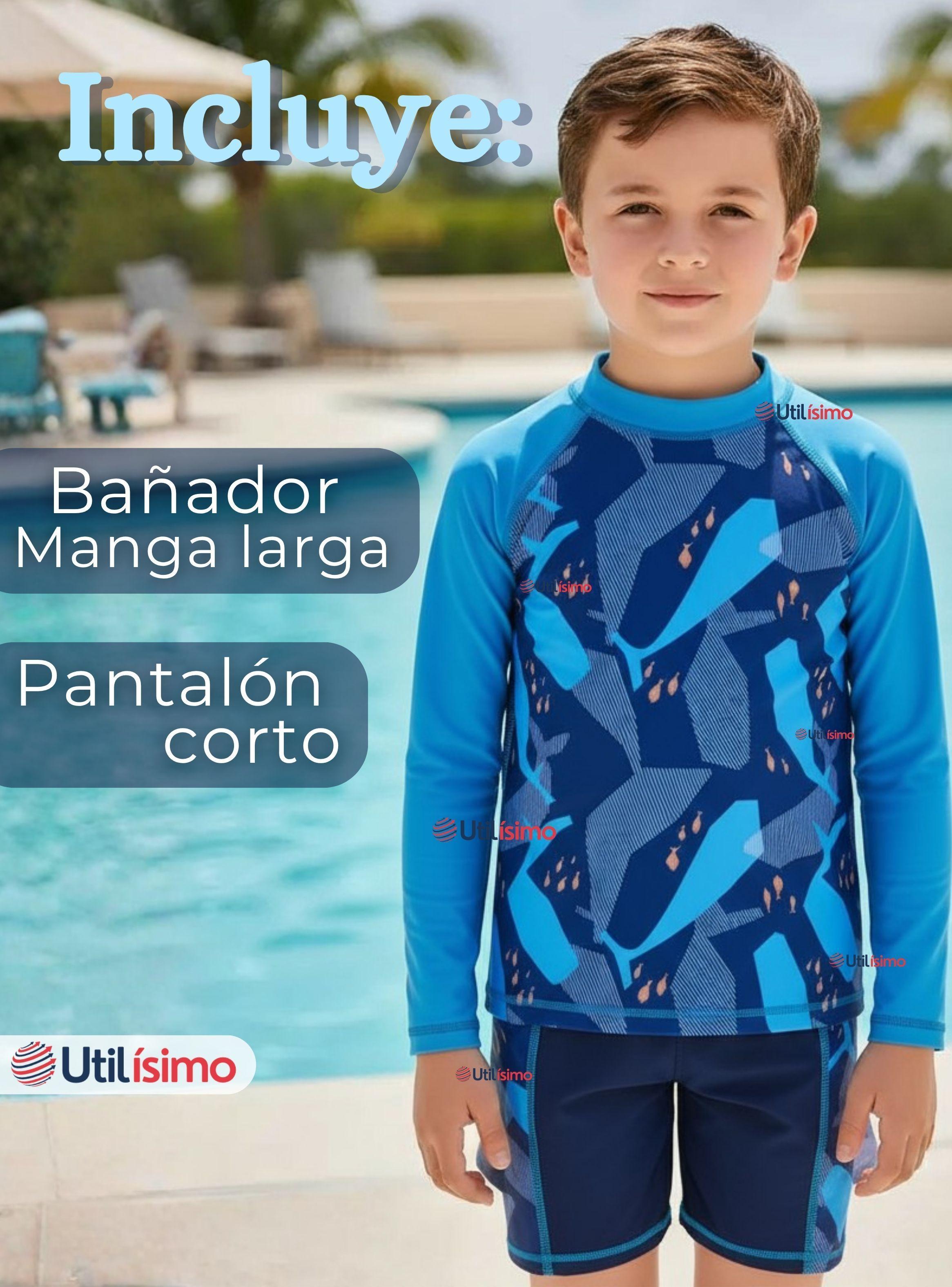 Traje de Baño Manga Larga Pantalón Corto 2 Piezas Corte Split Niño 3 a 9 años Blue-2