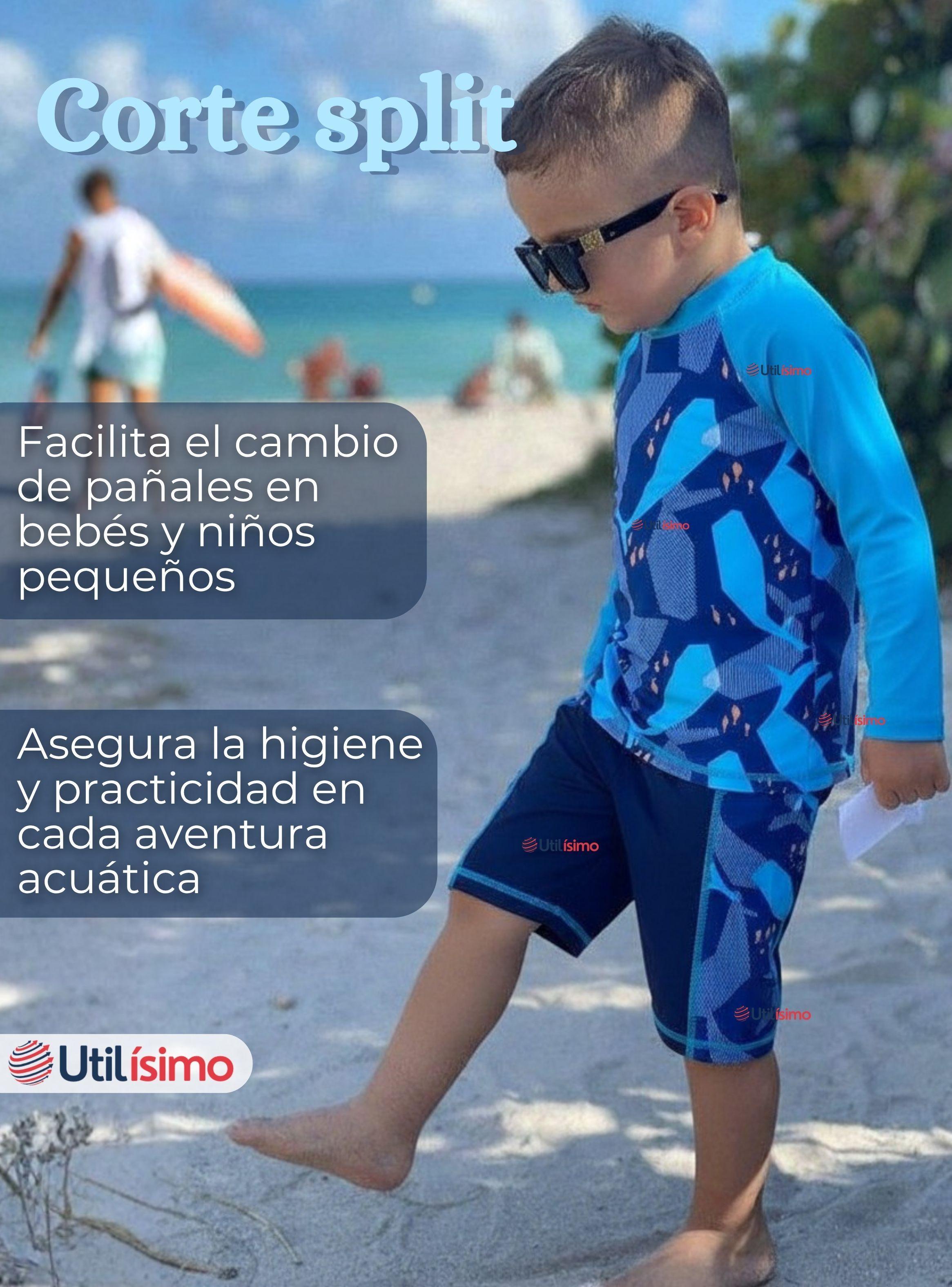 Traje de Baño Manga Larga Pantalón Corto 2 Piezas Corte Split Niño 3 a 9 años Blue-5