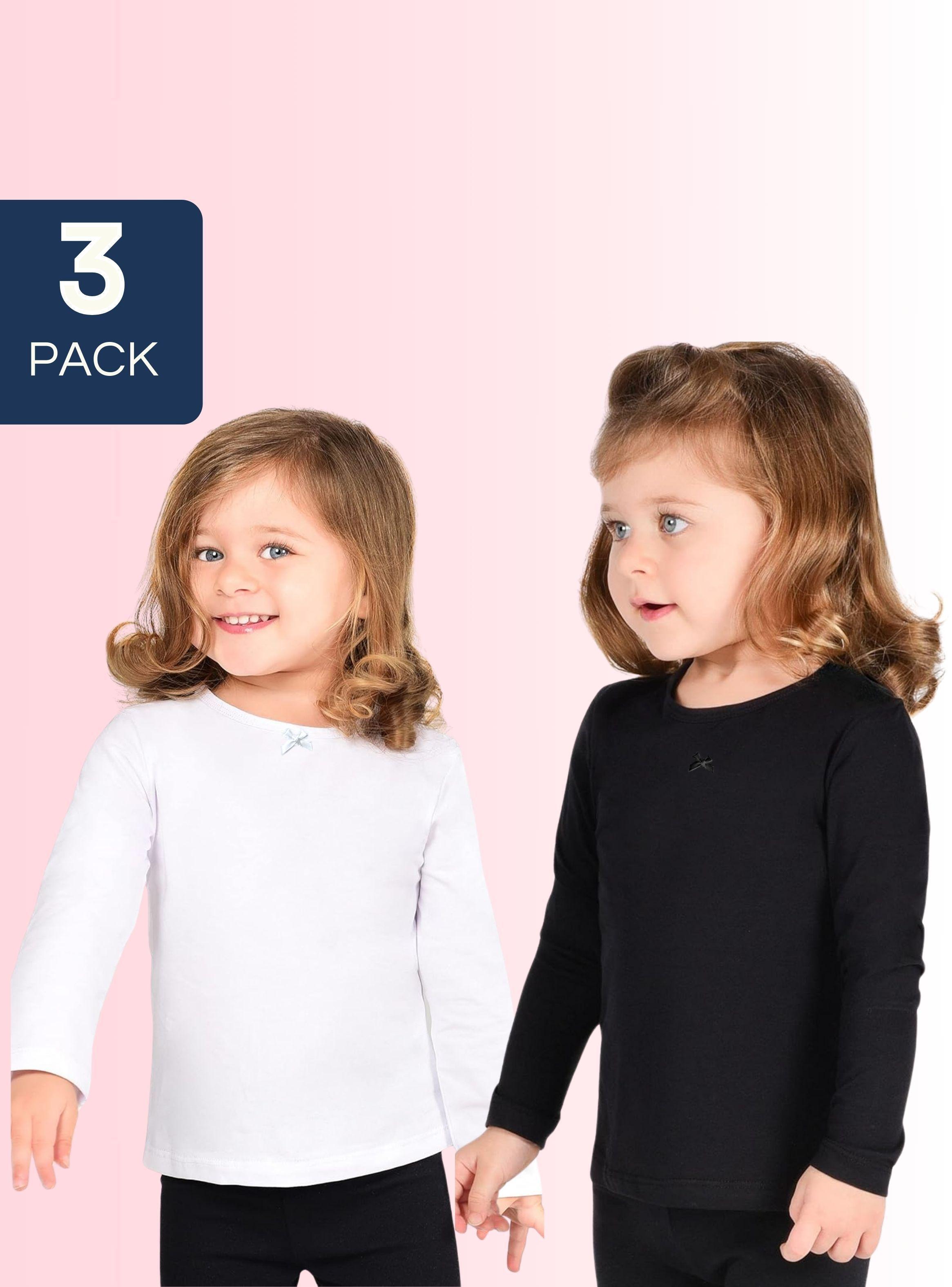 Pack 3 Camisetas Algodón Manga Larga Poleras Primera Capa Niña Cuello Redondo Blanco Negra-0