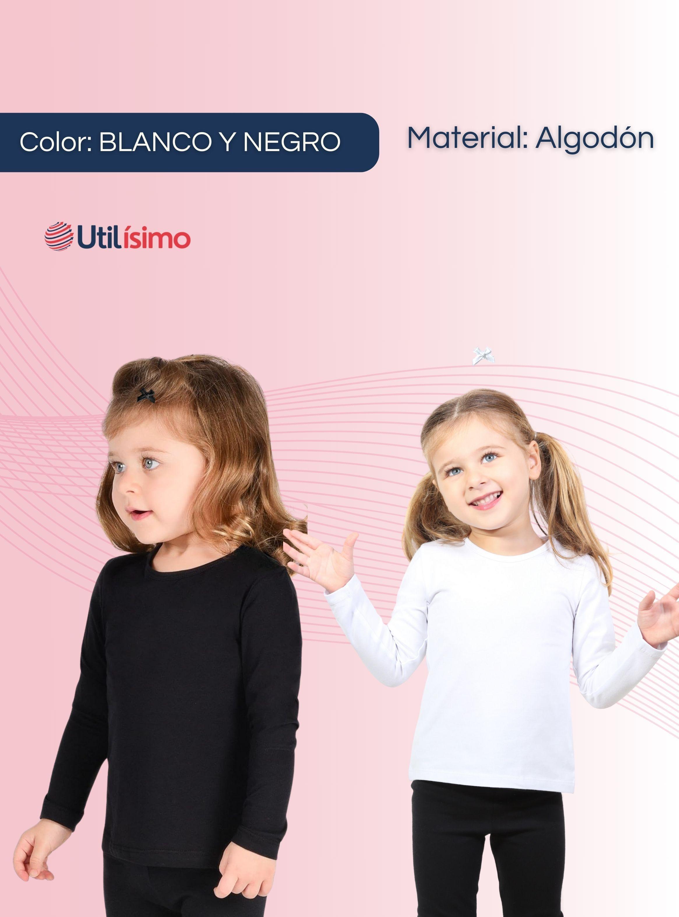 Pack 3 Camisetas Algodón Manga Larga Poleras Primera Capa Niña Cuello Redondo Blanco Negra-1