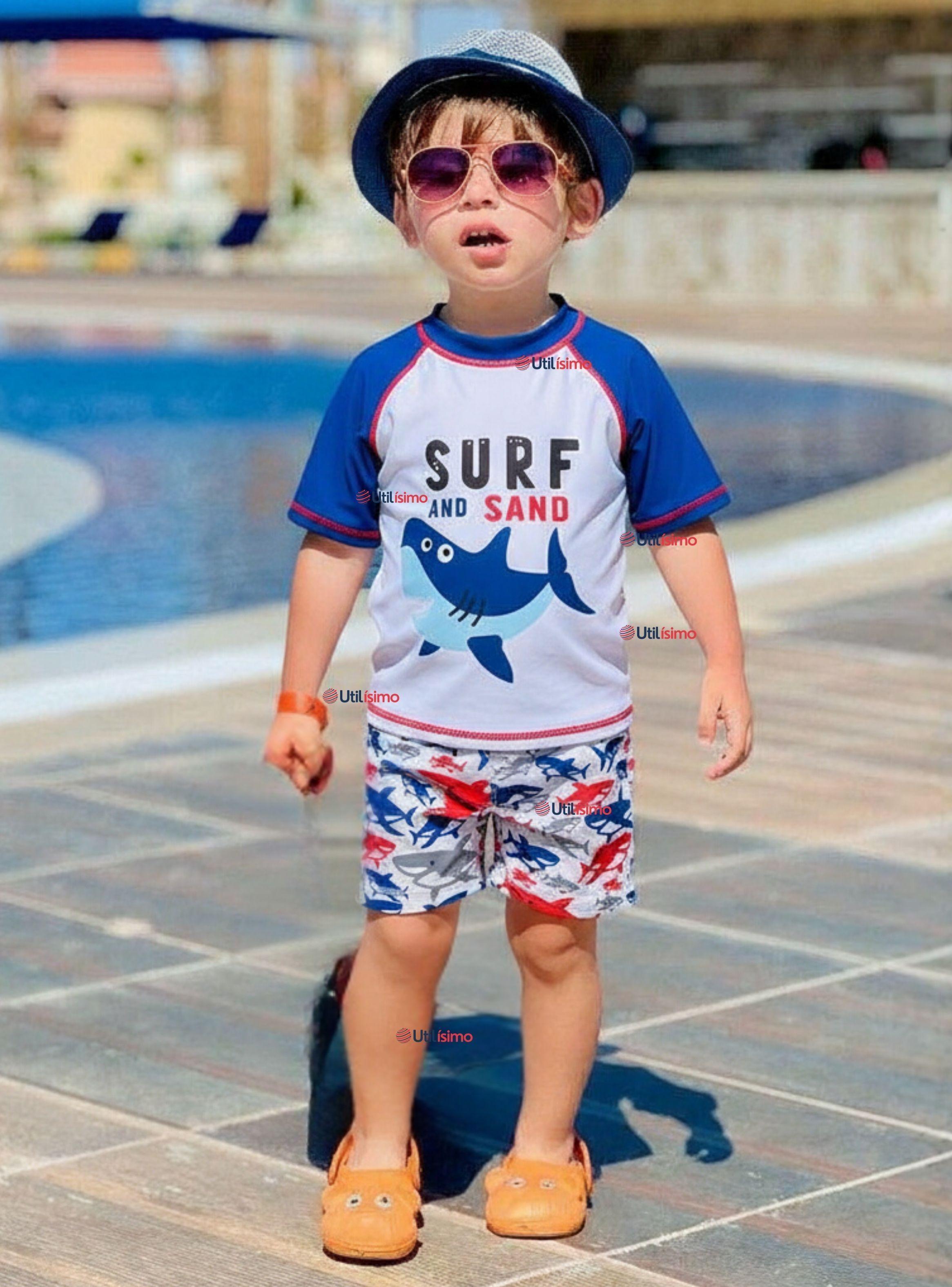 Traje de Baño Polera Manga Corta Pantalón Corto 2 Piezas Corte Split Niño 2 a 4 años Blue Azul-0