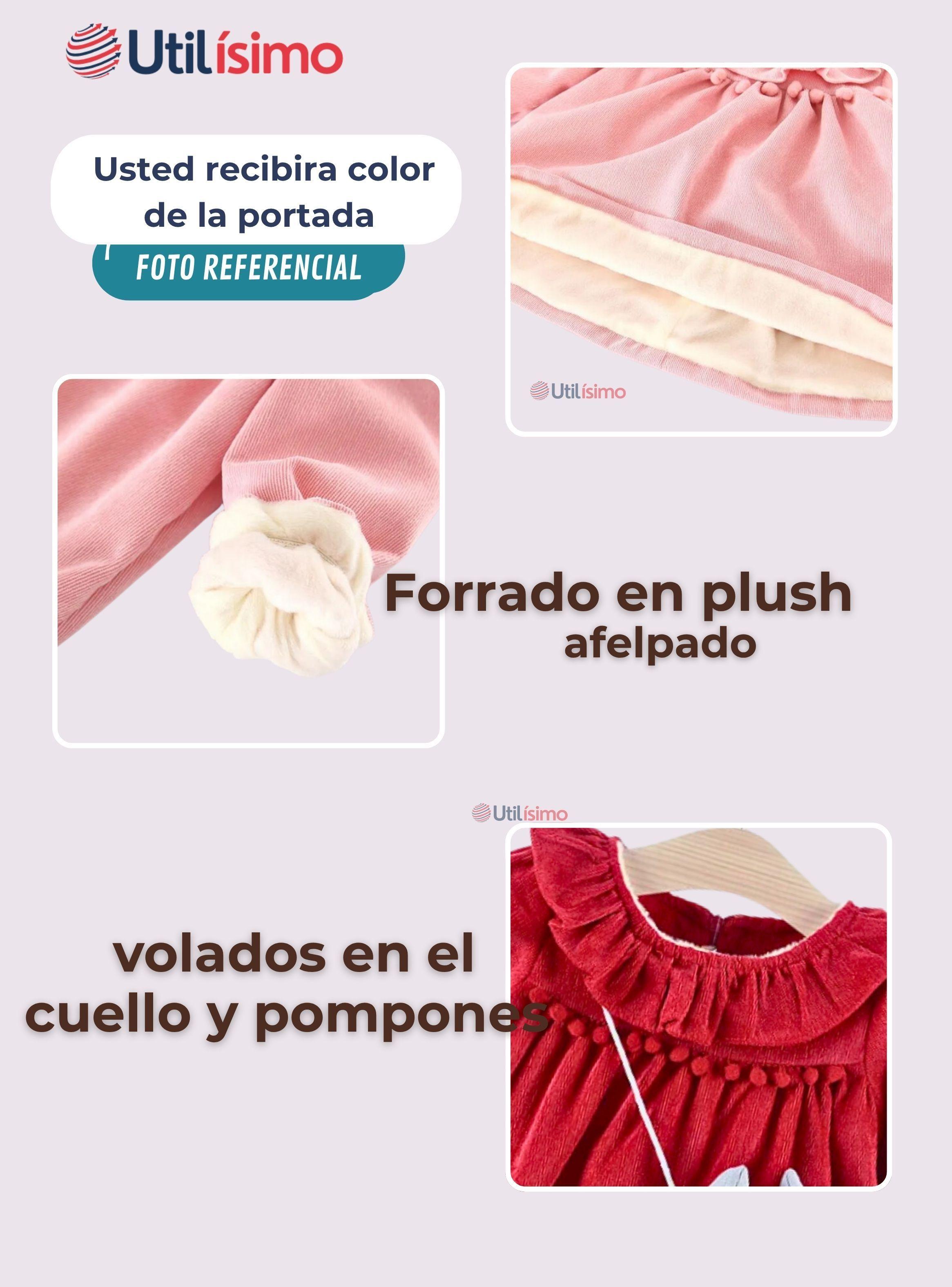 Vestido De Cotelé Con Bolso Conejo Forrado En Plush Niña Rojo-3