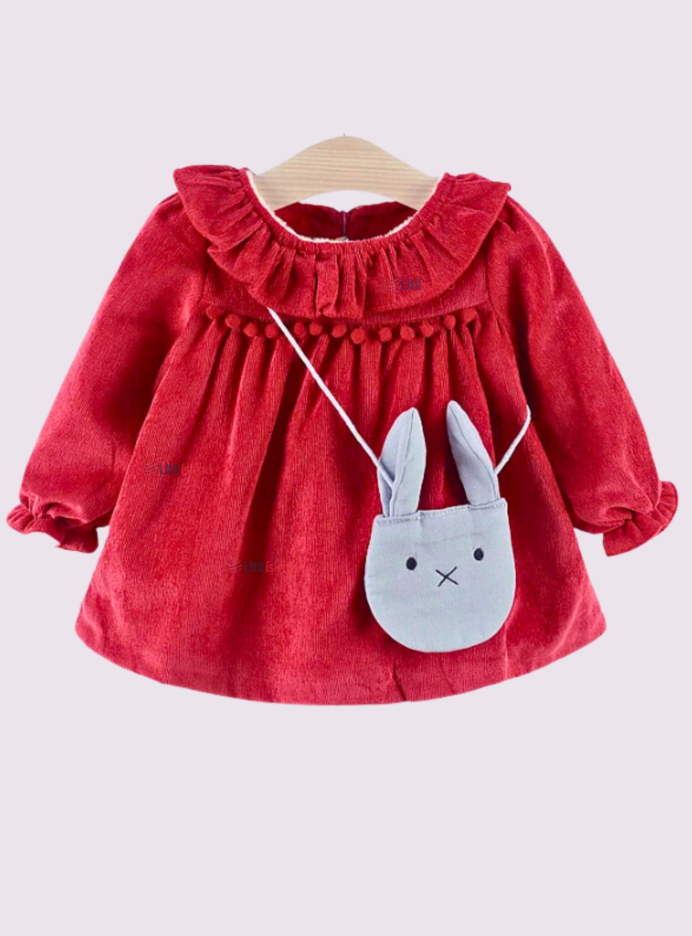 Vestido De Cotelé Con Bolso Conejo Forrado En Plush Niña Rojo-0