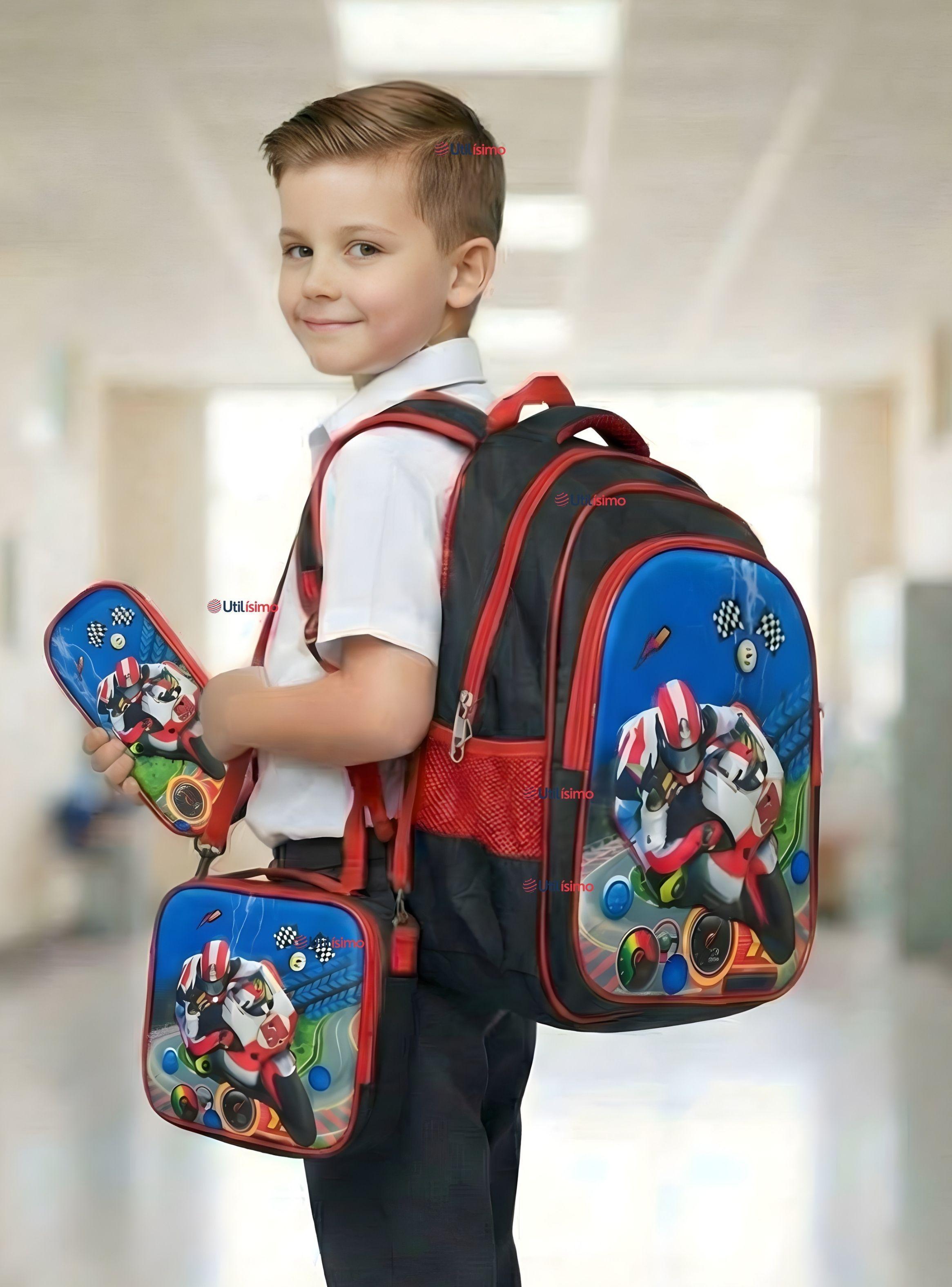 Mochila Escolar Con Ruedas Desmontables Diseño 3D + Estuche y Lonchera Niño Poliéster Motorcycle-0