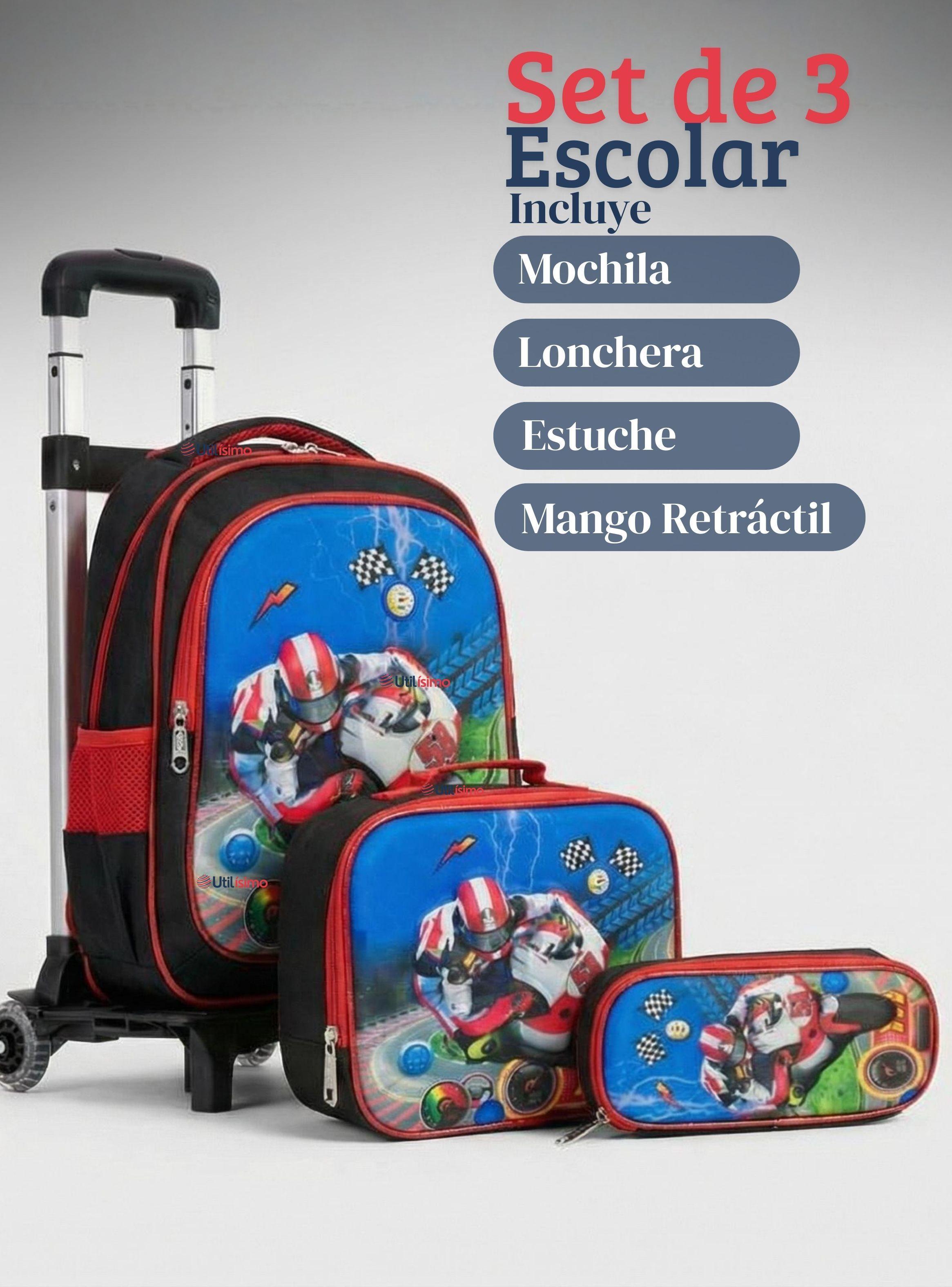 Mochila Escolar Con Ruedas Desmontables Diseño 3D + Estuche y Lonchera Niño Poliéster Motorcycle-2