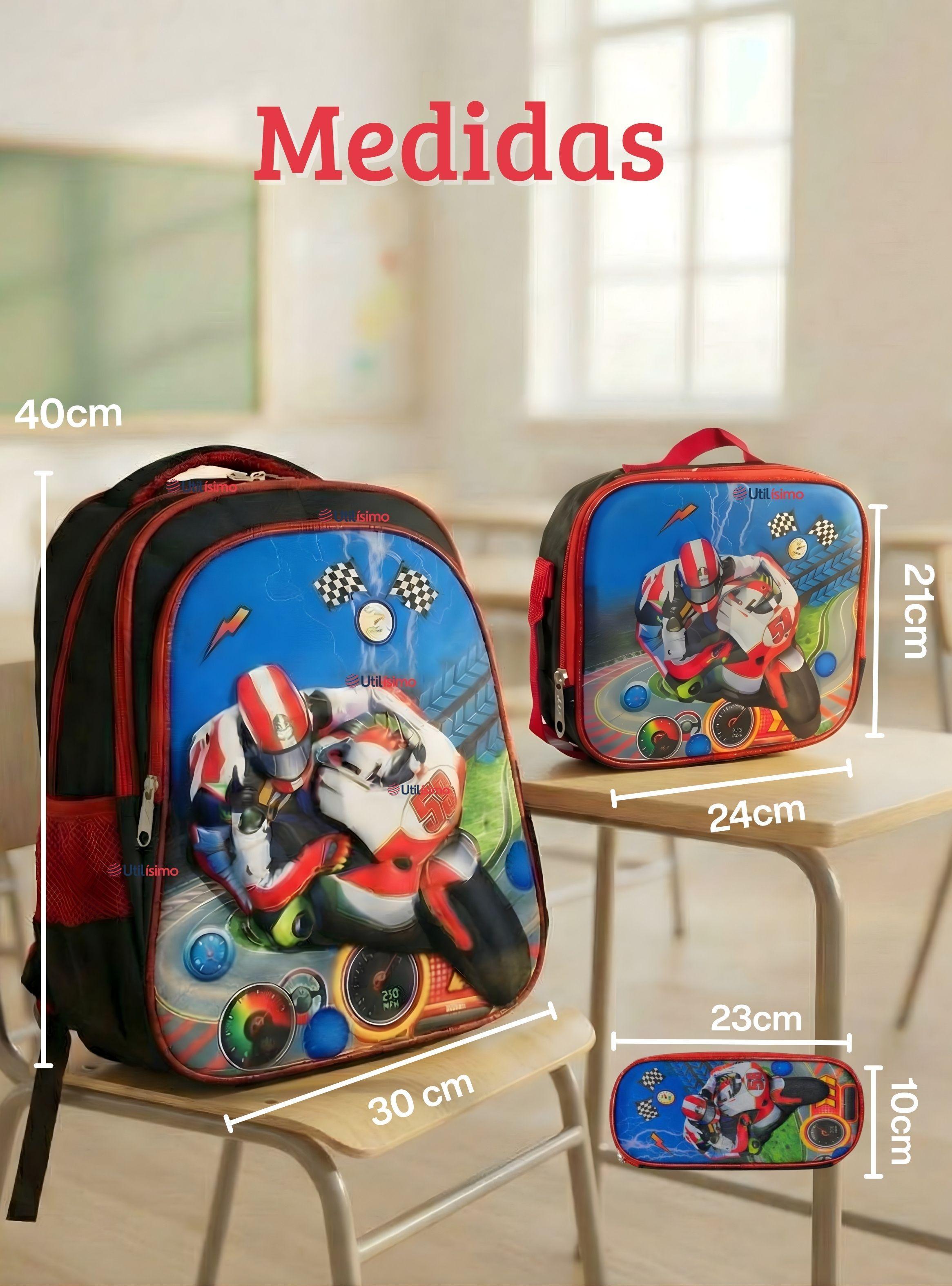 Mochila Escolar Con Ruedas Desmontables Diseño 3D + Estuche y Lonchera Niño Poliéster Motorcycle-3
