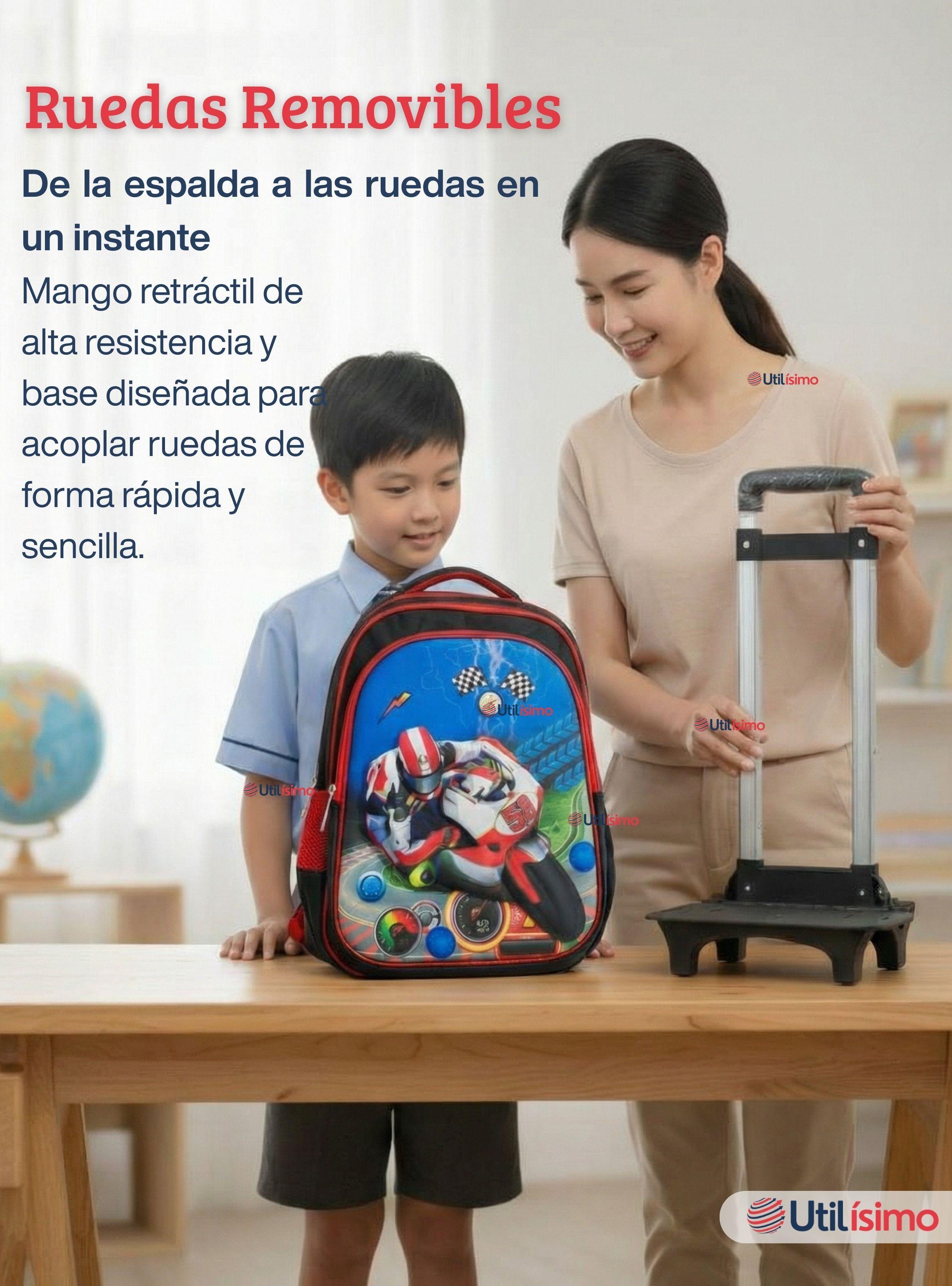 Mochila Escolar Con Ruedas Desmontables Diseño 3D + Estuche y Lonchera Niño Poliéster Motorcycle-5