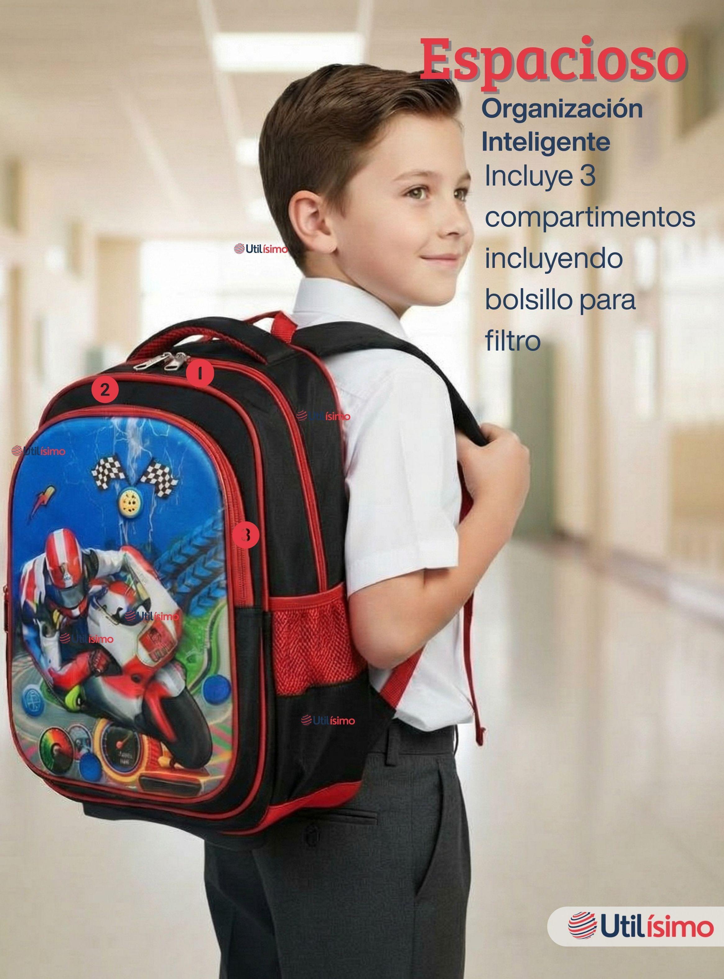 Mochila Escolar Con Ruedas Desmontables Diseño 3D + Estuche y Lonchera Niño Poliéster Motorcycle-7