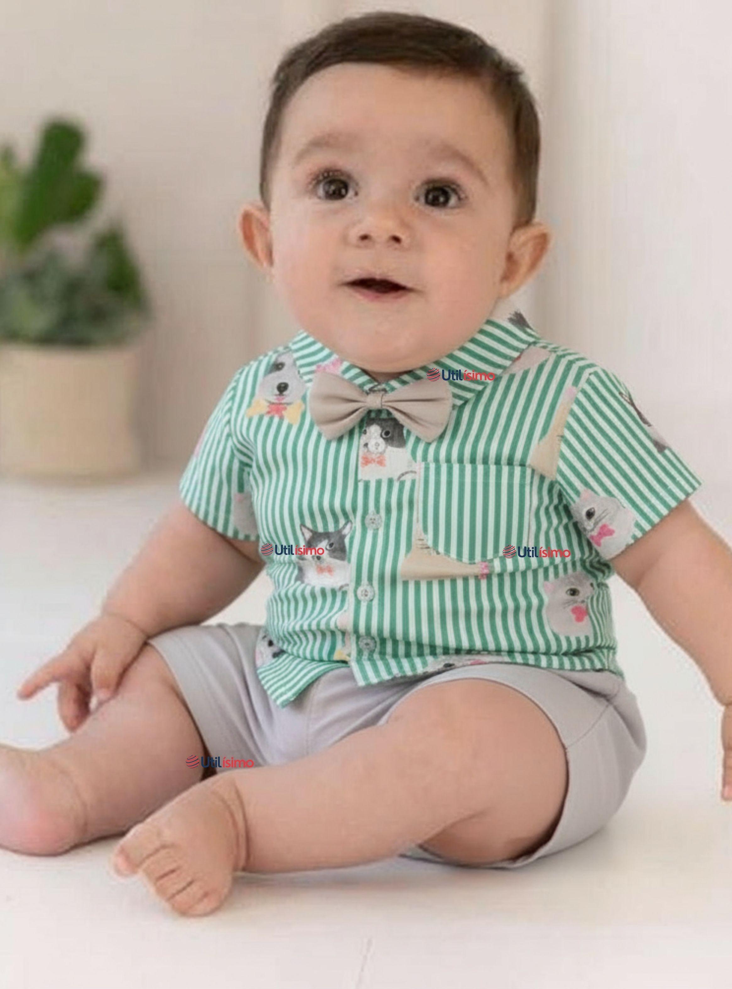 Conjunto de Vestir Camisa de rayas Con Lazo Y Pantalón Corto beige Algodón Niño-0