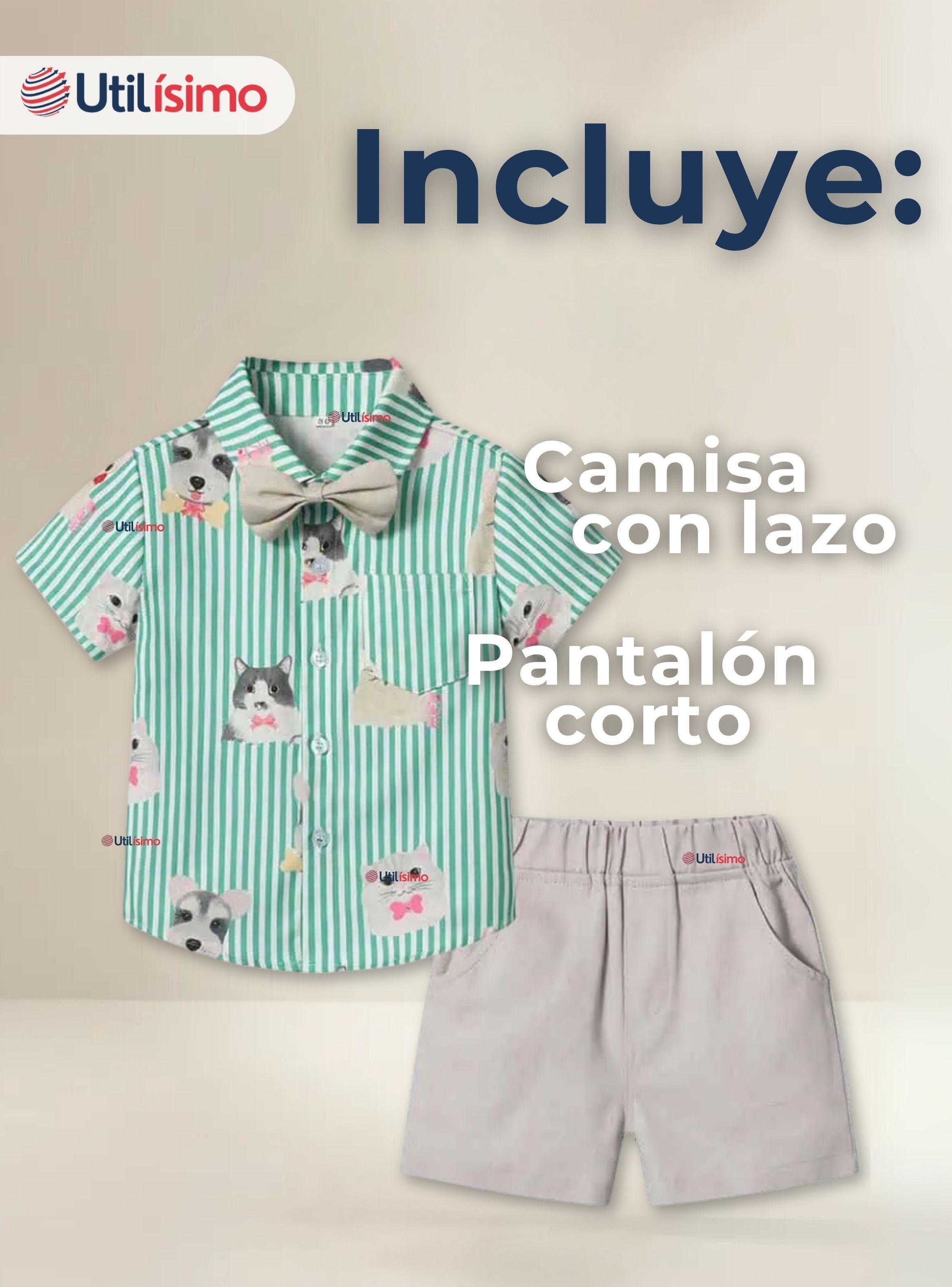 Conjunto de Vestir Camisa de rayas Con Lazo Y Pantalón Corto beige Algodón Niño-1