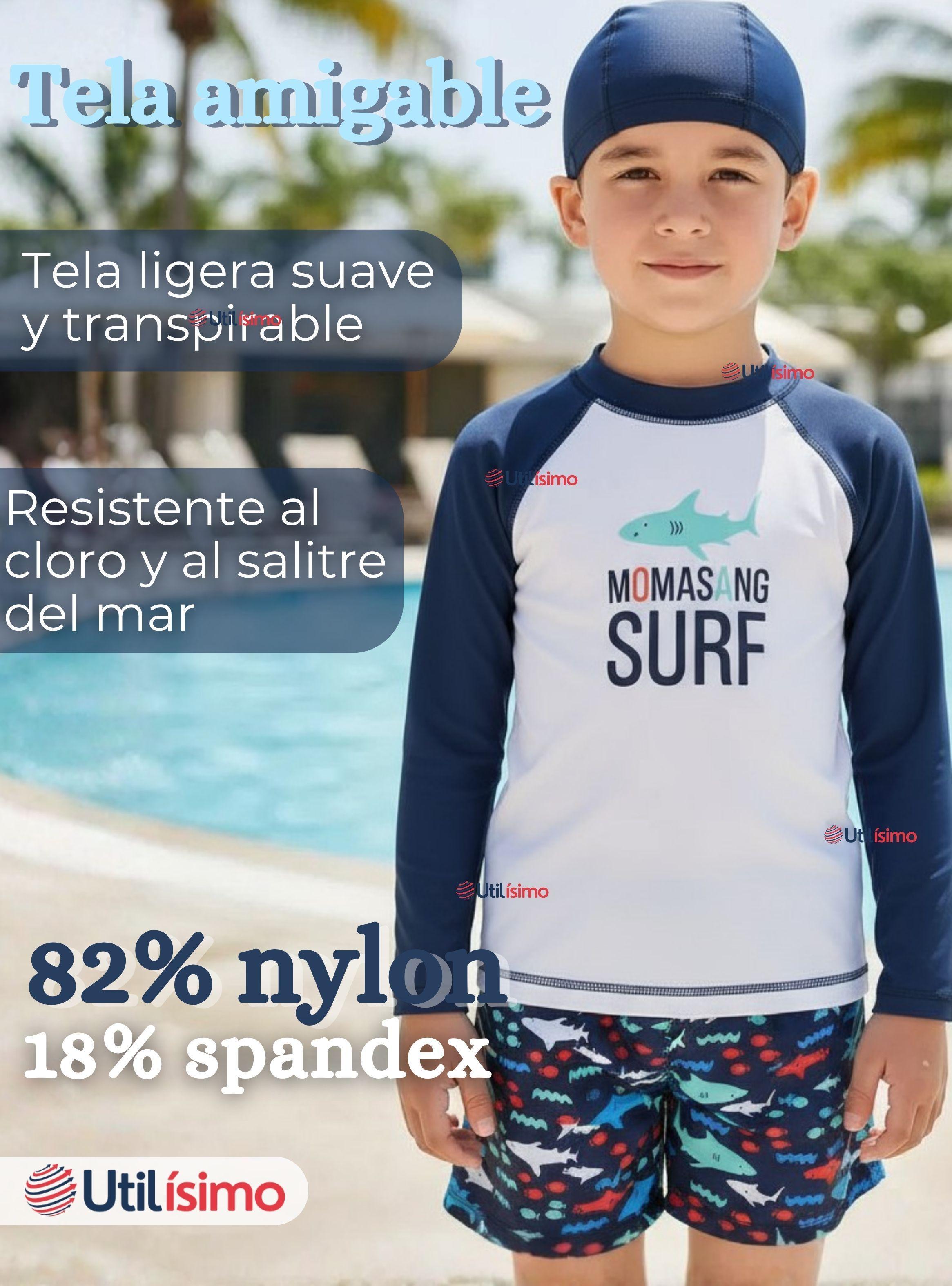 Traje de Baño Con Gorro Pantalón Corto y Manga Larga 3 Piezas para Niño 3 a 9 años Blue Surf-2