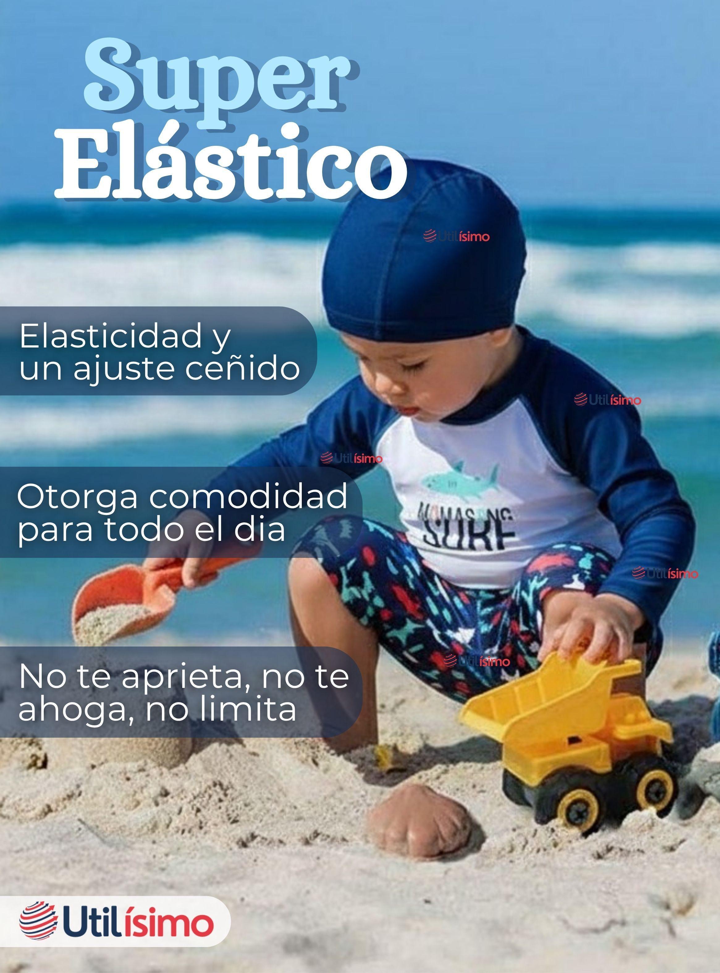 Traje de Baño Con Gorro Pantalón Corto y Manga Larga 3 Piezas para Niño 3 a 9 años Blue Surf-4