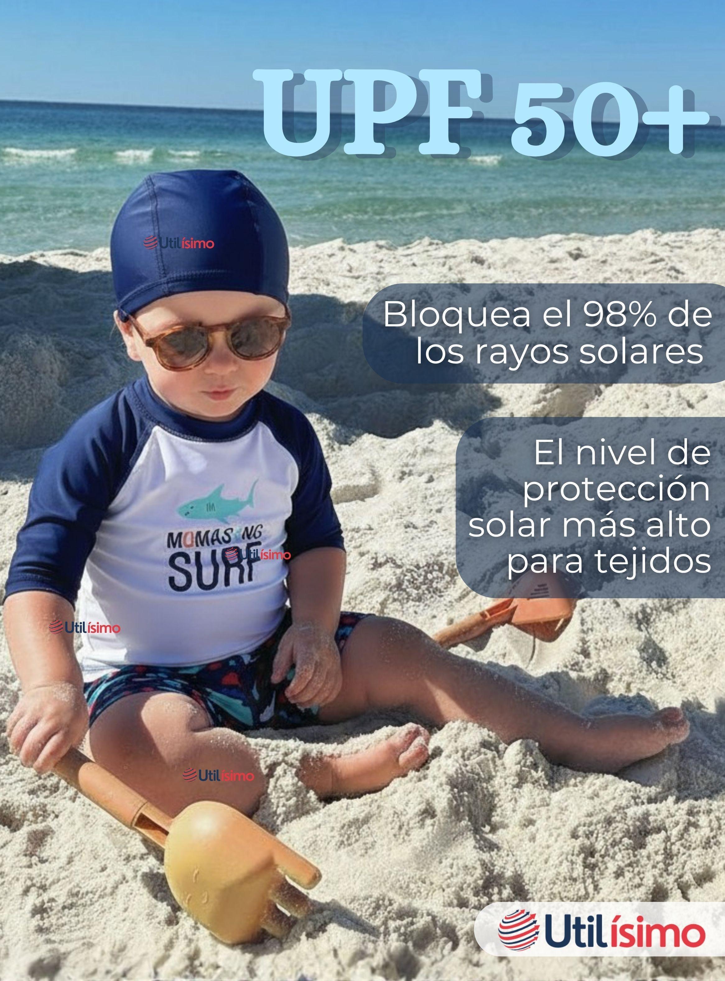Traje de Baño Con Gorro Pantalón Corto y Manga Larga 3 Piezas para Niño 3 a 9 años Blue Surf-5