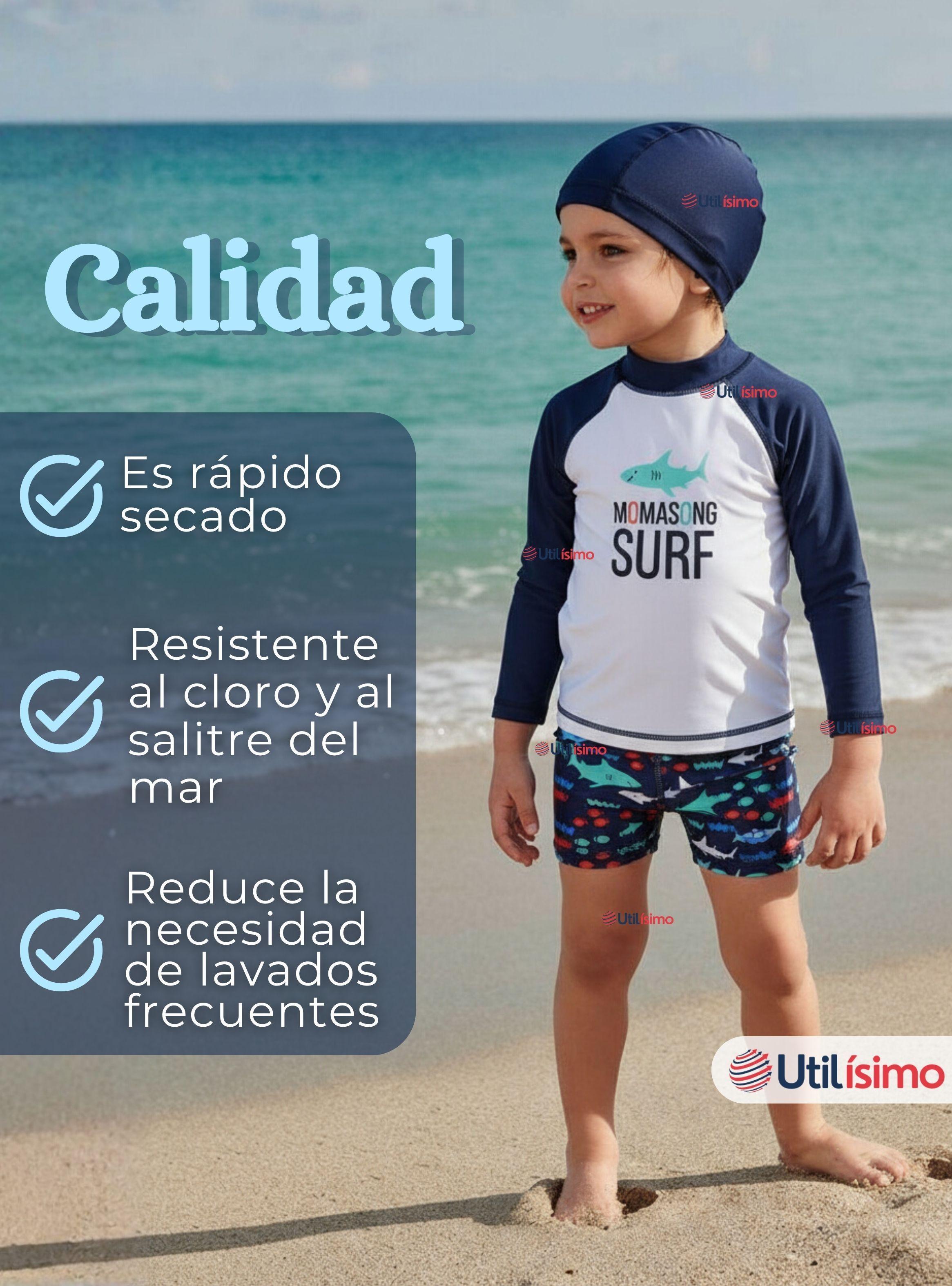Traje de Baño Con Gorro Pantalón Corto y Manga Larga 3 Piezas para Niño 3 a 9 años Blue Surf-7