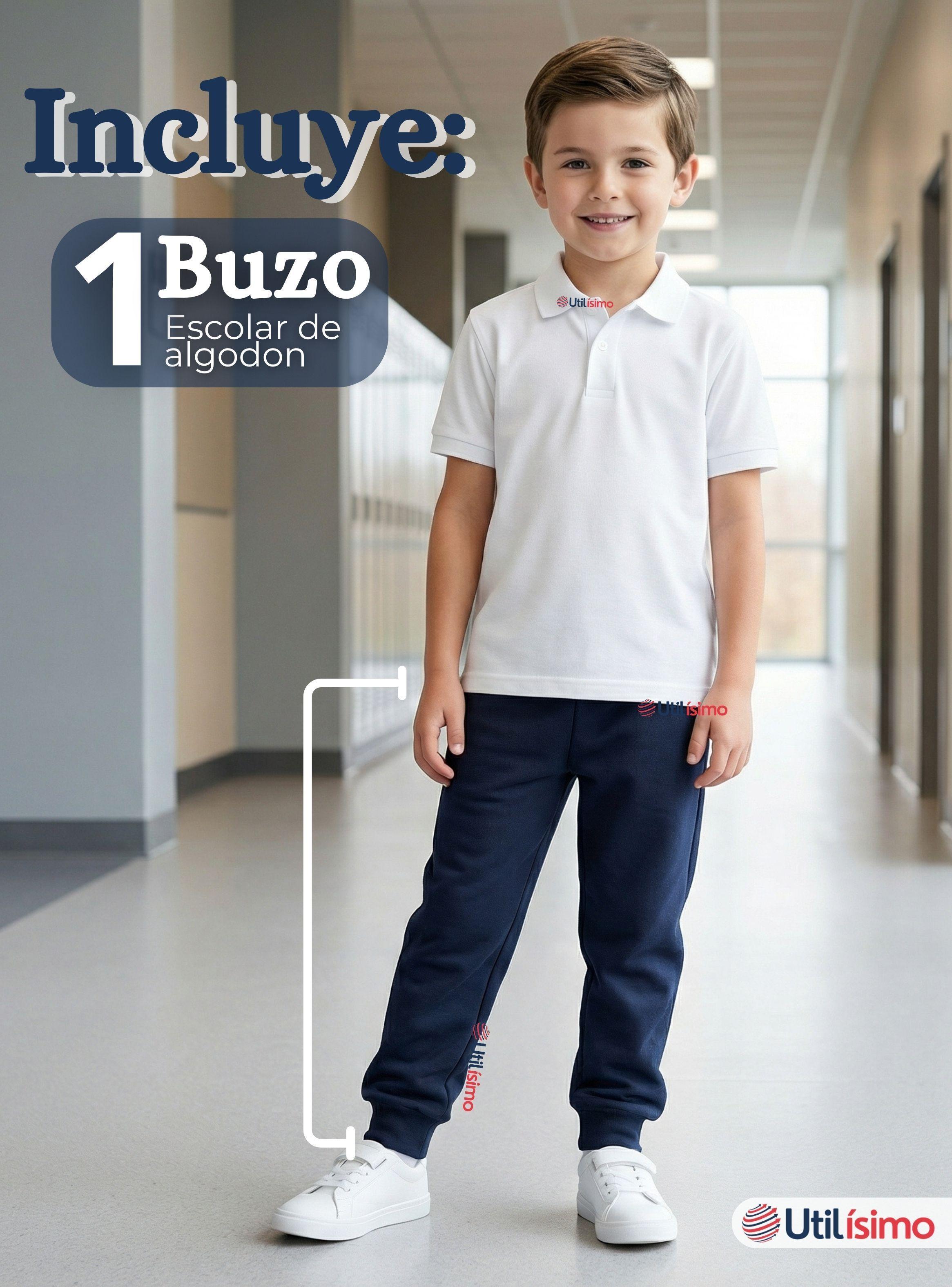 Buzo Pantalon Escolar Niños Unisex 100% Algodón Azul de Bota Acanalada 3 a 16 años-1