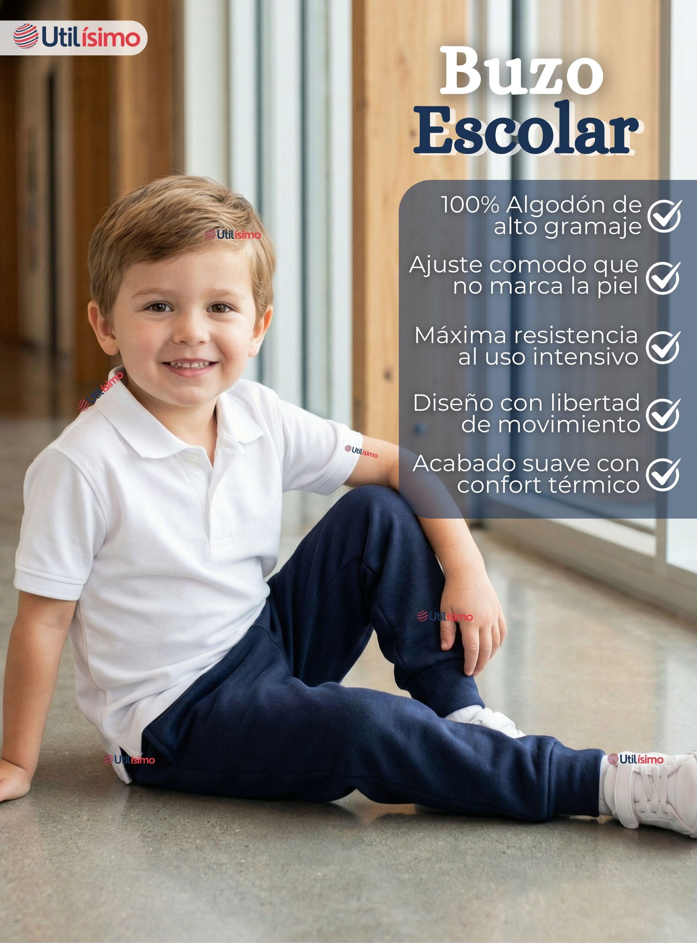 Buzo Pantalon Escolar Niños Unisex 100% Algodón Azul de Bota Acanalada 3 a 16 años-2