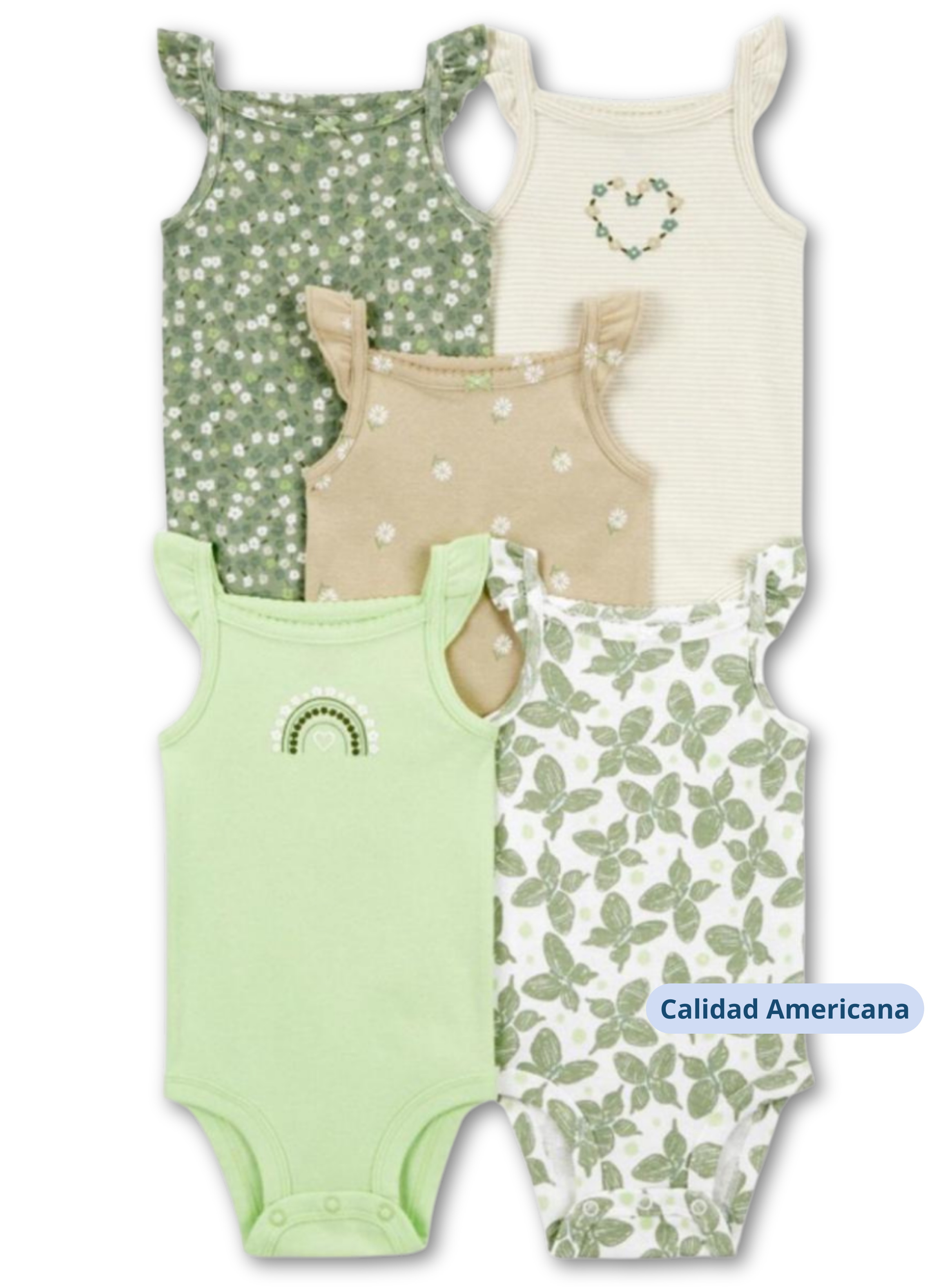 Pack 5 Bodys Niña Sin Manga Tedmimak 100% Algodón Mariposas Verde-3