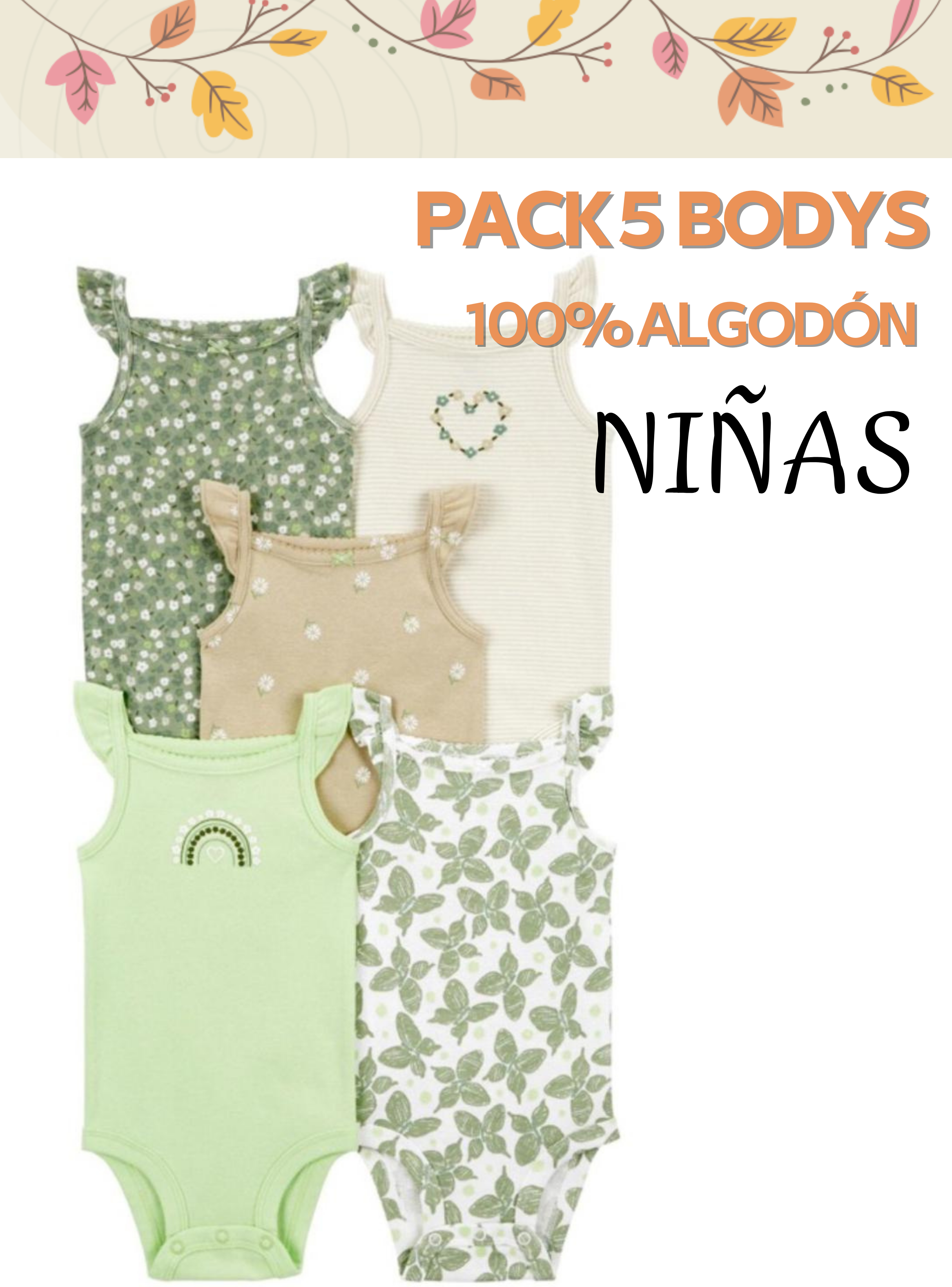 Pack 5 Bodys Niña Sin Manga Tedmimak 100% Algodón Mariposas Verde-4