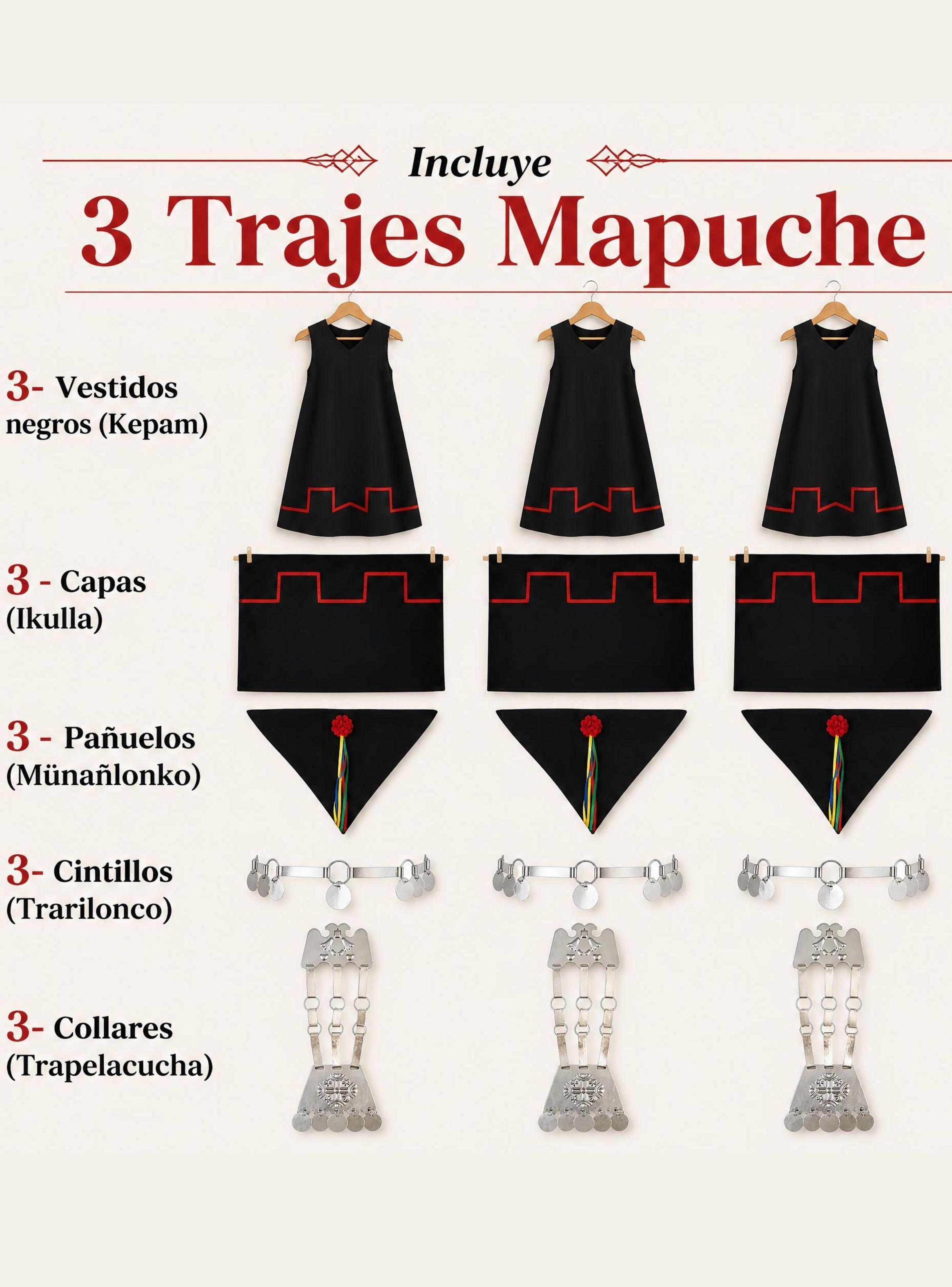  Pack 3 Trajes Típicos Vestido Mapuche 5 Piezas de Niña Fiestas Patrias-2