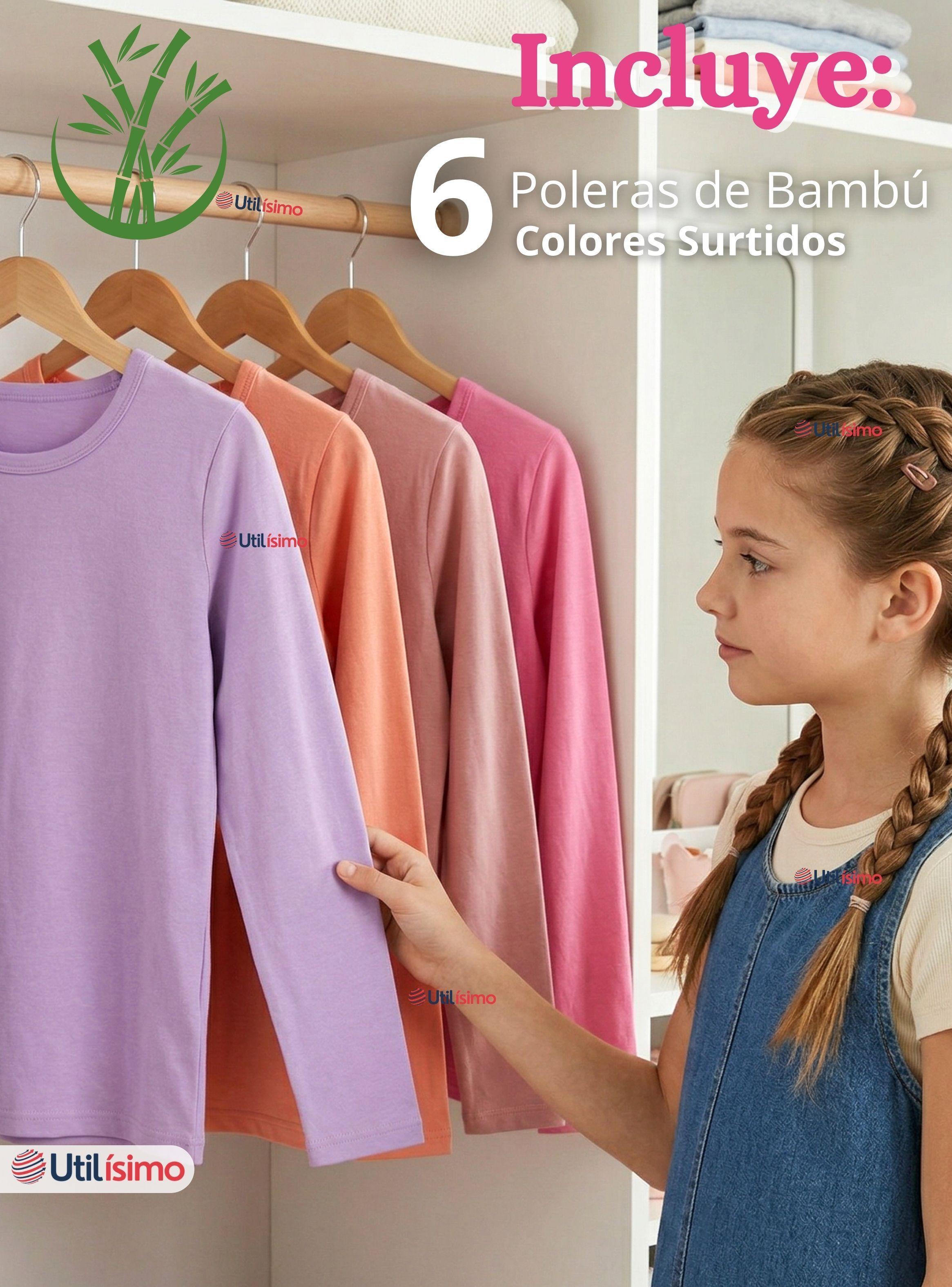 Pack 6 Camisetas Poleras Bambú Cuello Redondo Primera Capa Manga Larga Color Surtidos para Niñas-1
