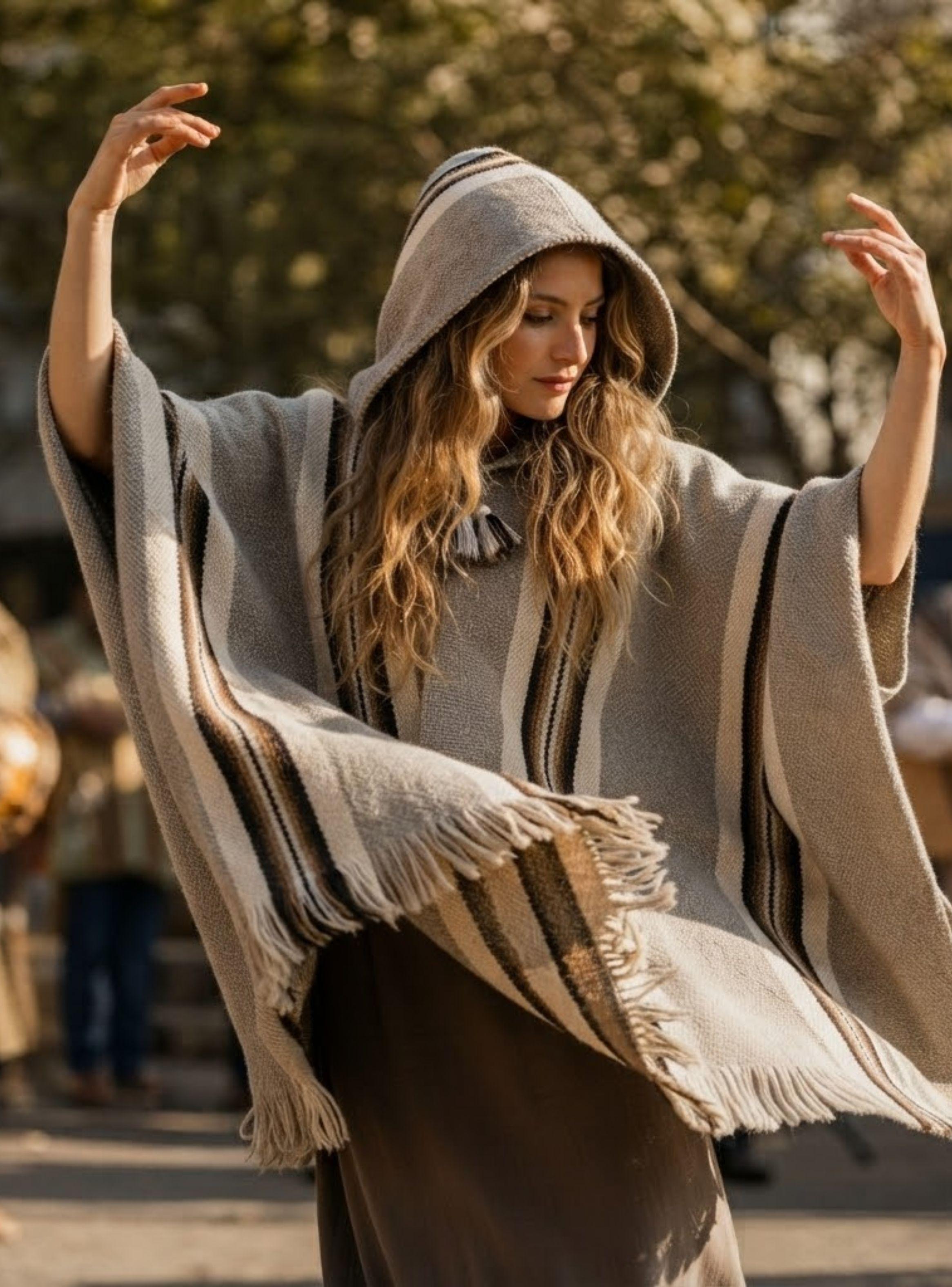 Poncho Mapuche Con Capucha de Lana Alpaca Unisex Fiestas Patrias Manta-0