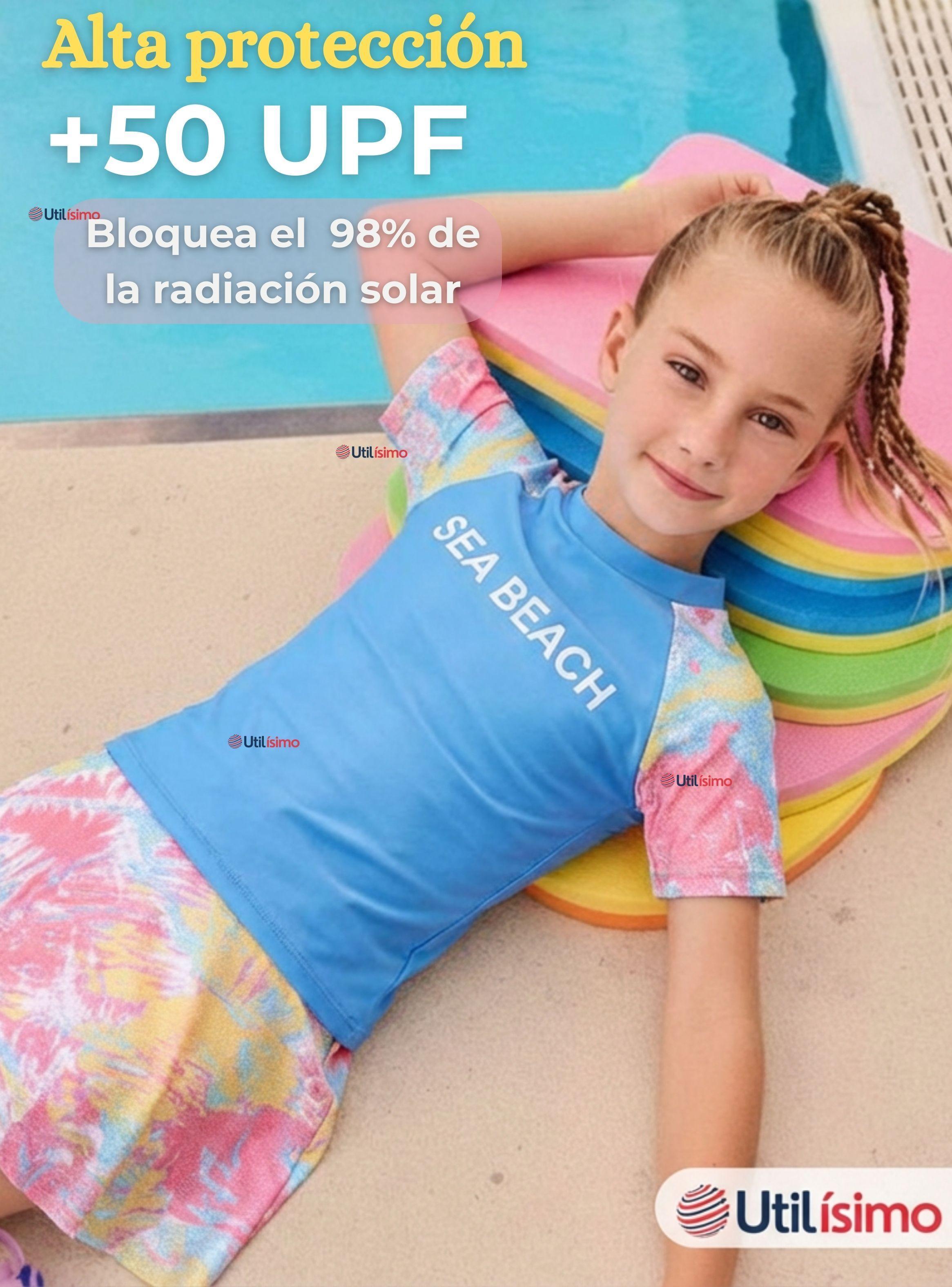 Traje De Baño Manga Corta y Pantalón Corto Con Falda 2 Piezas Niña 6 a 13 Años Sea Beach azul-4
