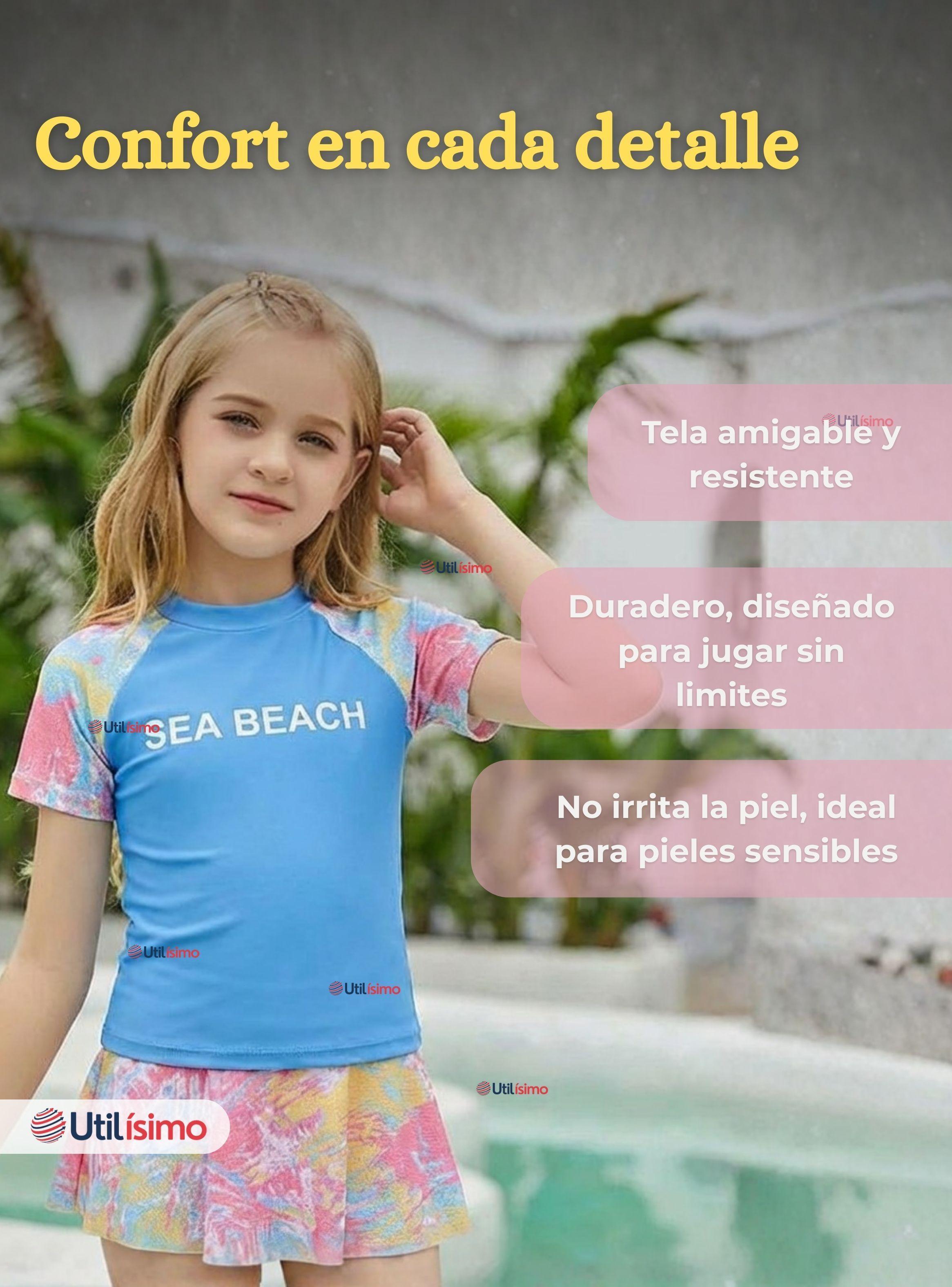 Traje De Baño Manga Corta y Pantalón Corto Con Falda 2 Piezas Niña 6 a 13 Años Sea Beach azul-6