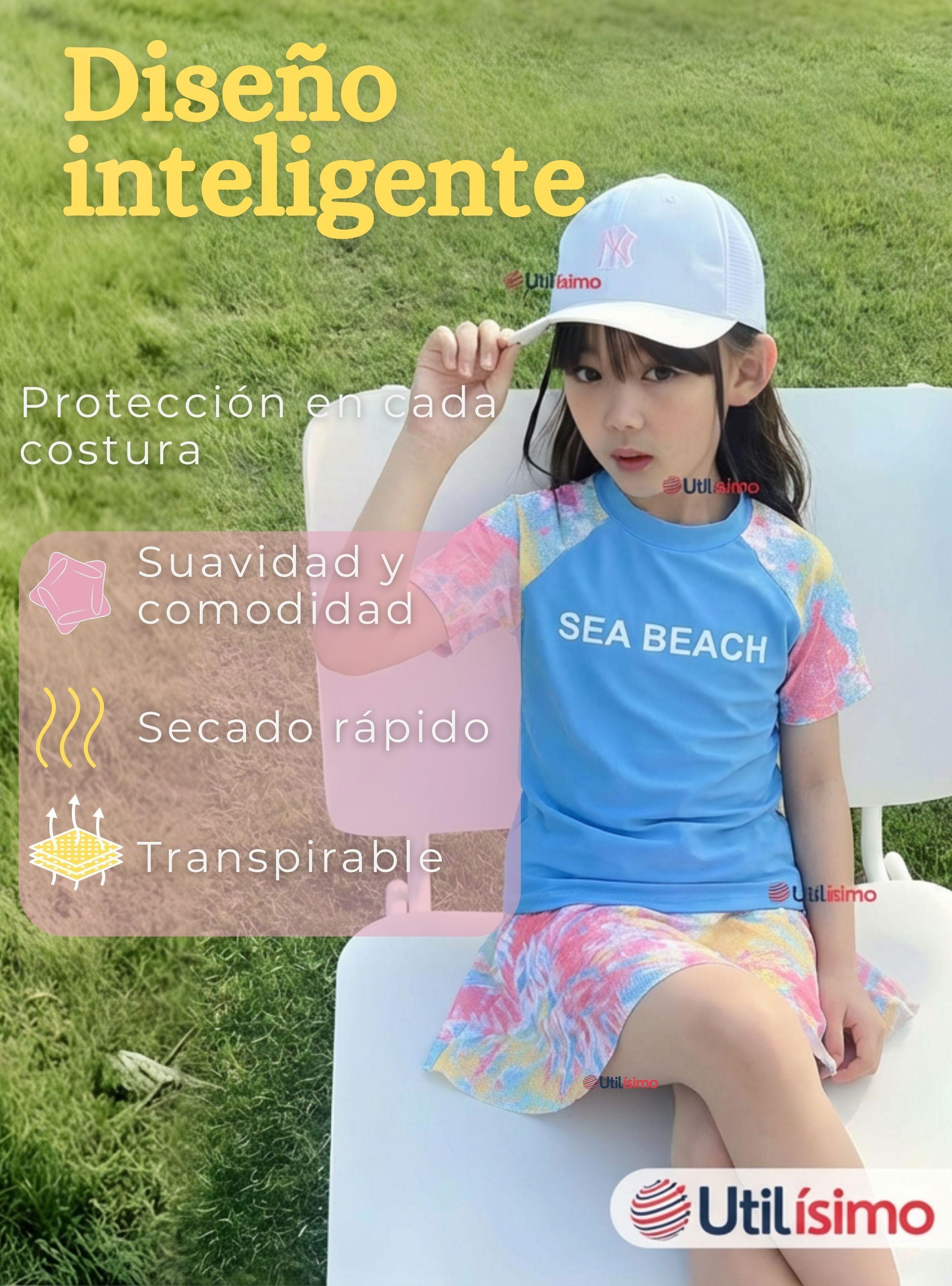 Traje De Baño Manga Corta y Pantalón Corto Con Falda 2 Piezas Niña 6 a 13 Años Sea Beach azul-7