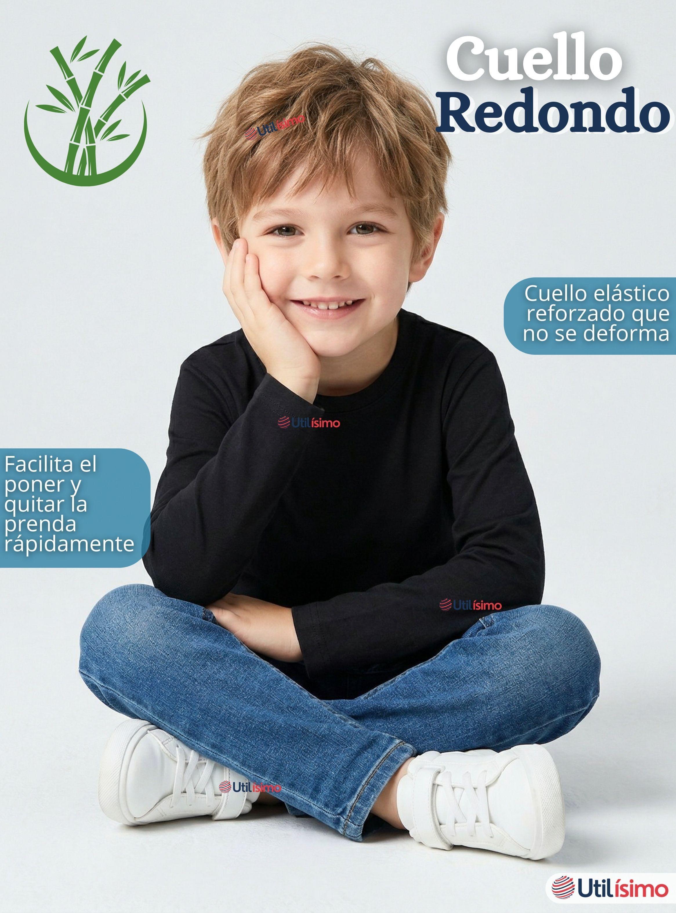 Pack 3 Poleras Camisetas Bambú Negra Cuello Redondo Primera Capa Manga Largas Niños-6