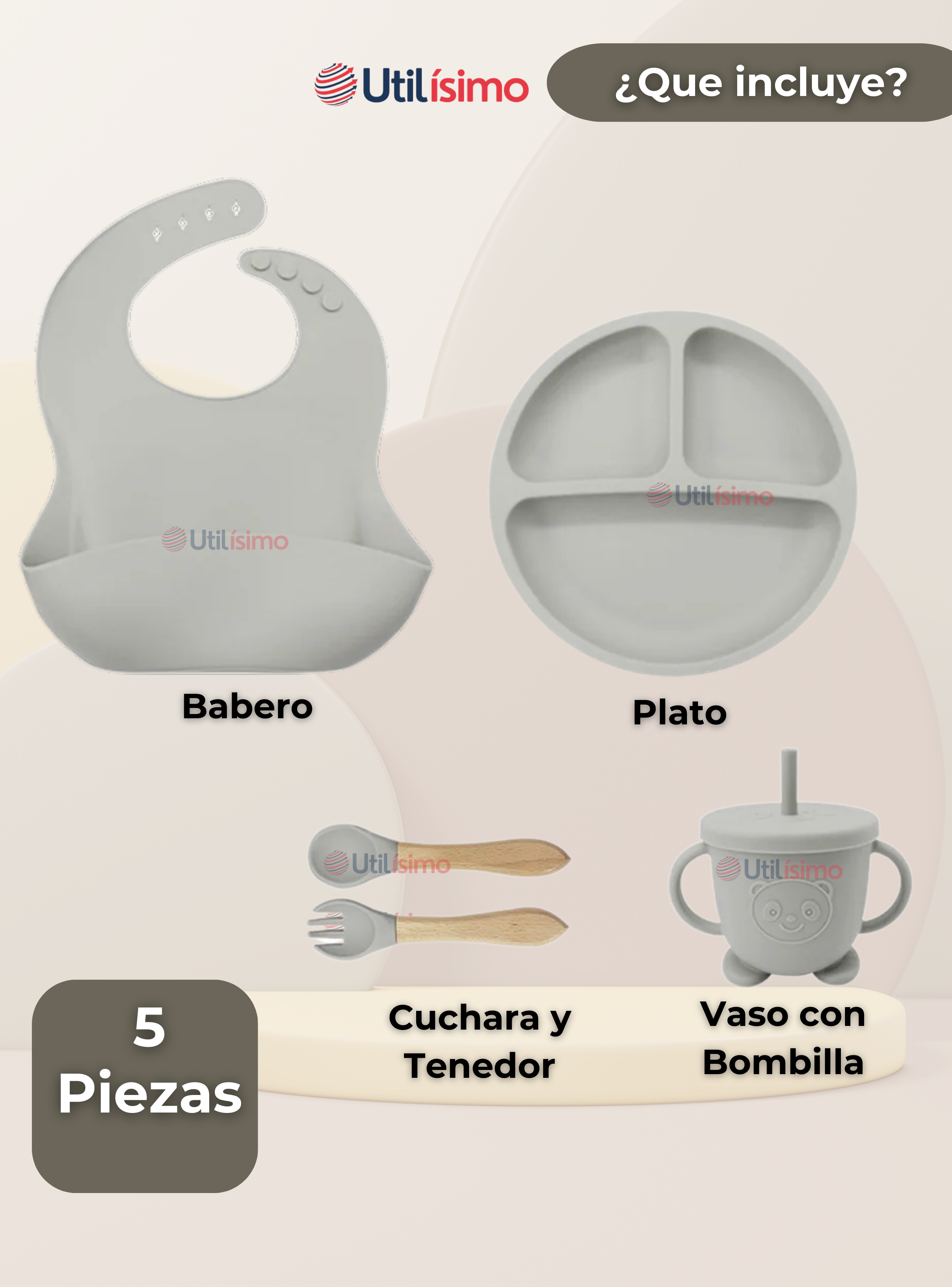 Set De Alimentación Bebé Silicona Con Vaso 5 Piezas Libre BPA Gris-5