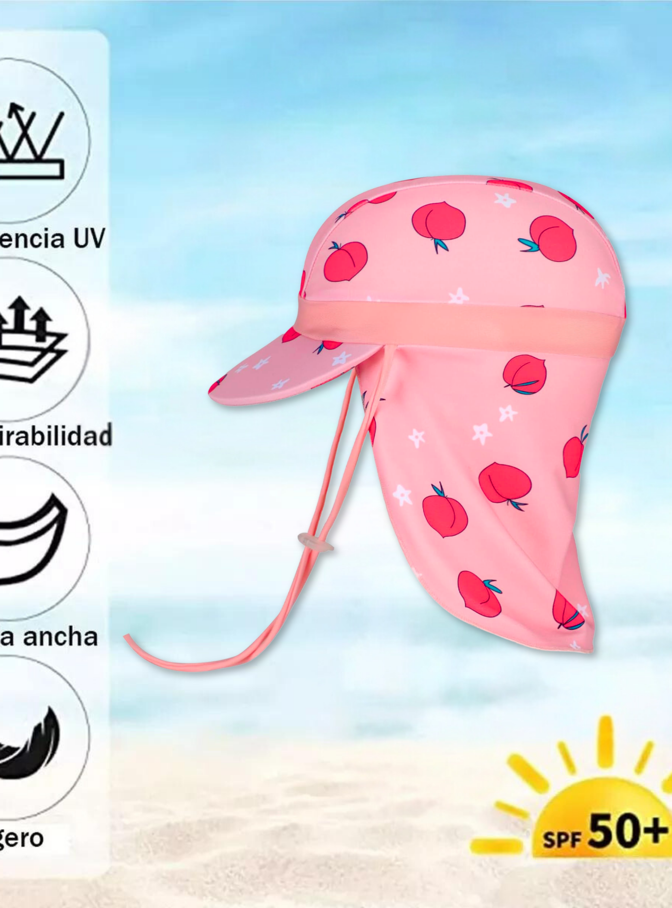 Gorro para el Sol con Solapas Protección UV Niñas de 1 a 10 Años Rosa Melocotón-1