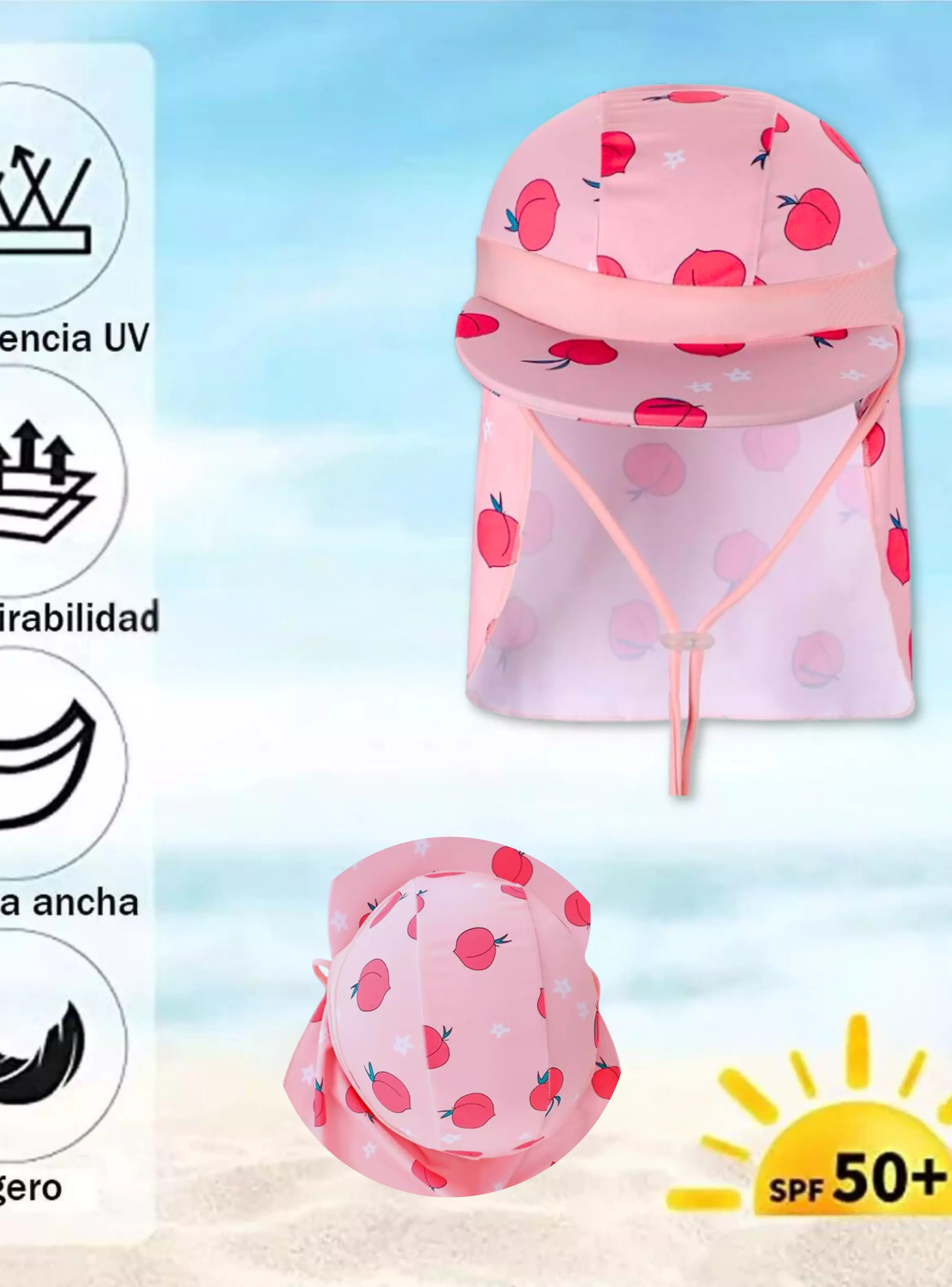 Gorro para el Sol con Solapas Protección UV Niñas de 1 a 10 Años Rosa Melocotón-2