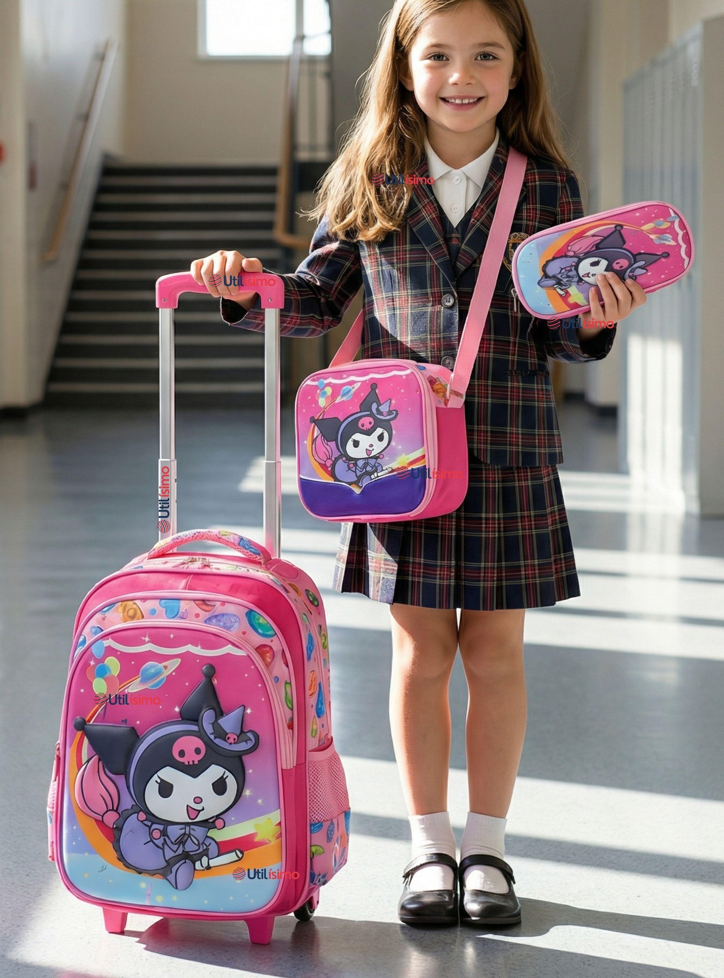 Mochila Escolar Kuromi 3D Con Ruedas Desmontable + Estuche + Lonchera Poliéster Space Niña-0