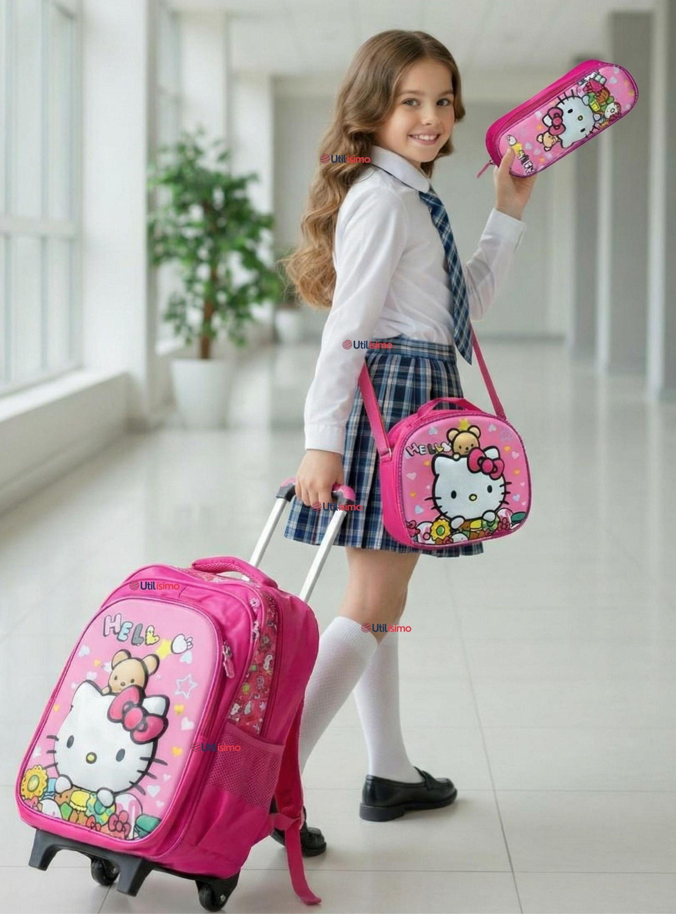 Mochila Escolar Hello Kitty Flowers Con Ruedas Desmontables + Estuche + Lonchera Niña Poliéster-0