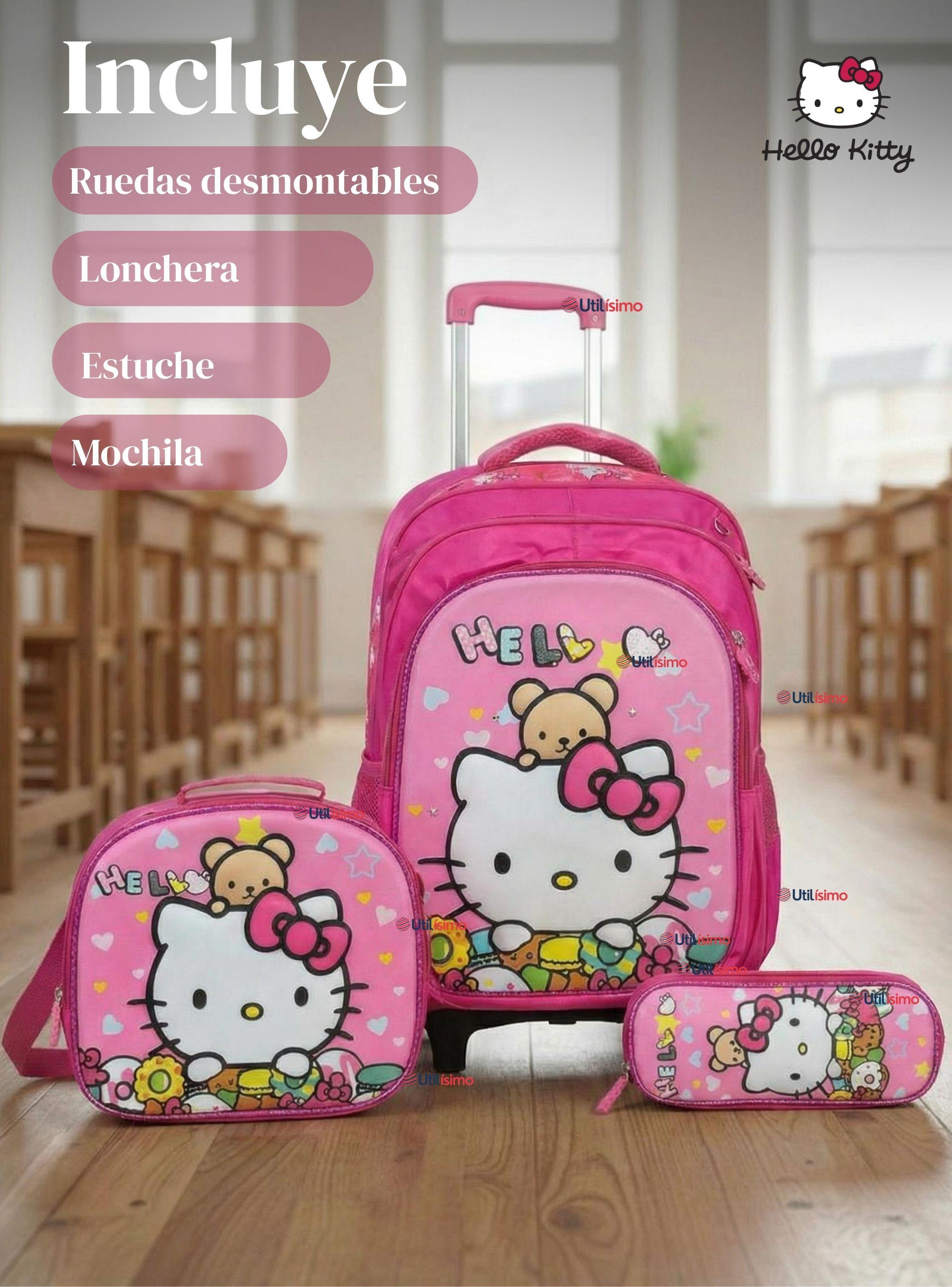 Mochila Escolar Hello Kitty Flowers Con Ruedas Desmontables + Estuche + Lonchera Niña Poliéster-3