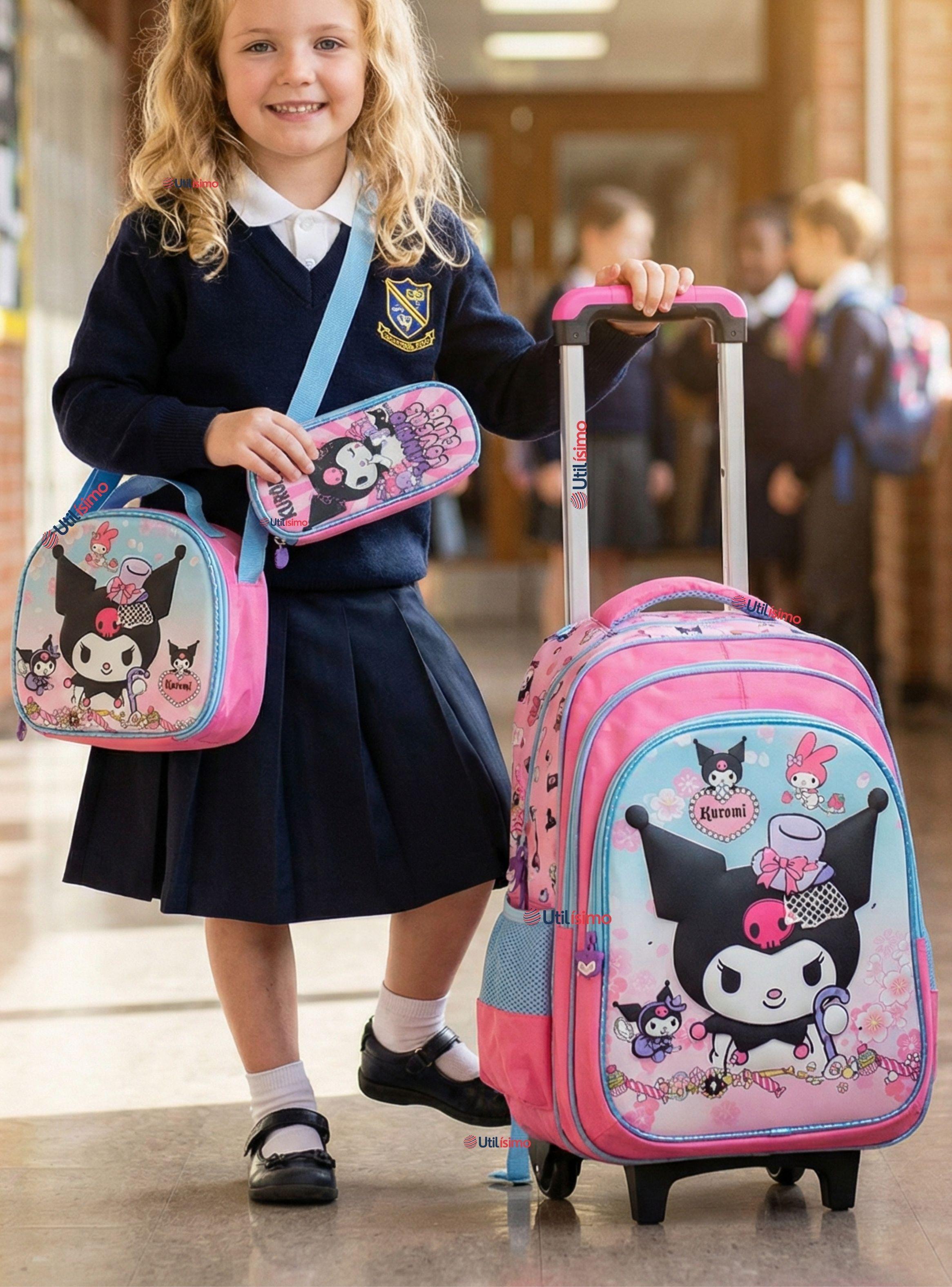 Mochila Escolar Kuromi 3D Con Ruedas Desmontable + Estuche+Lonchera Poliéster Pastel Adventure -0