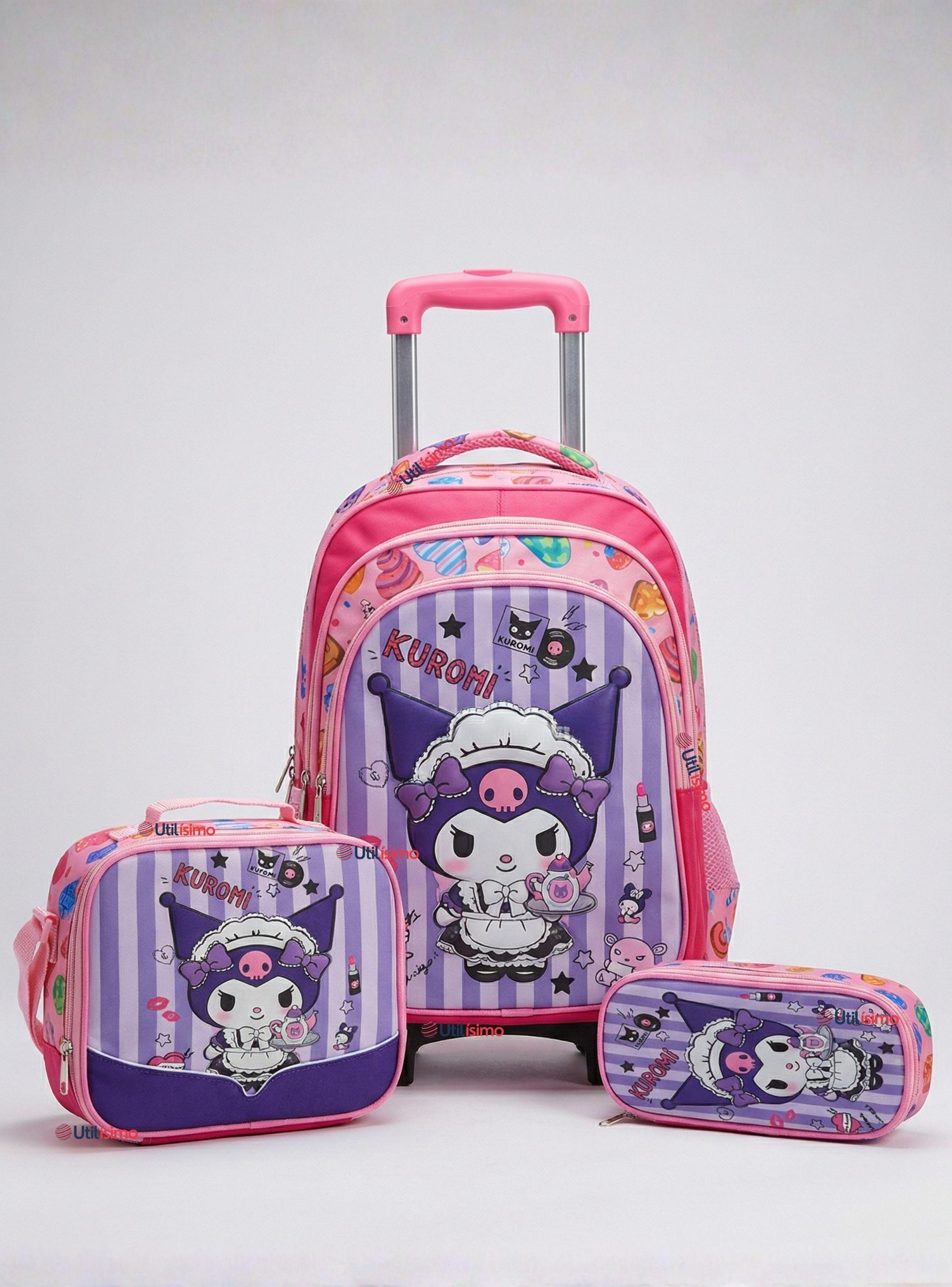 Mochila Escolar Kuromi 3D Con Ruedas Desmontable + Estuche + Lonchera Poliéster Color Morado-0