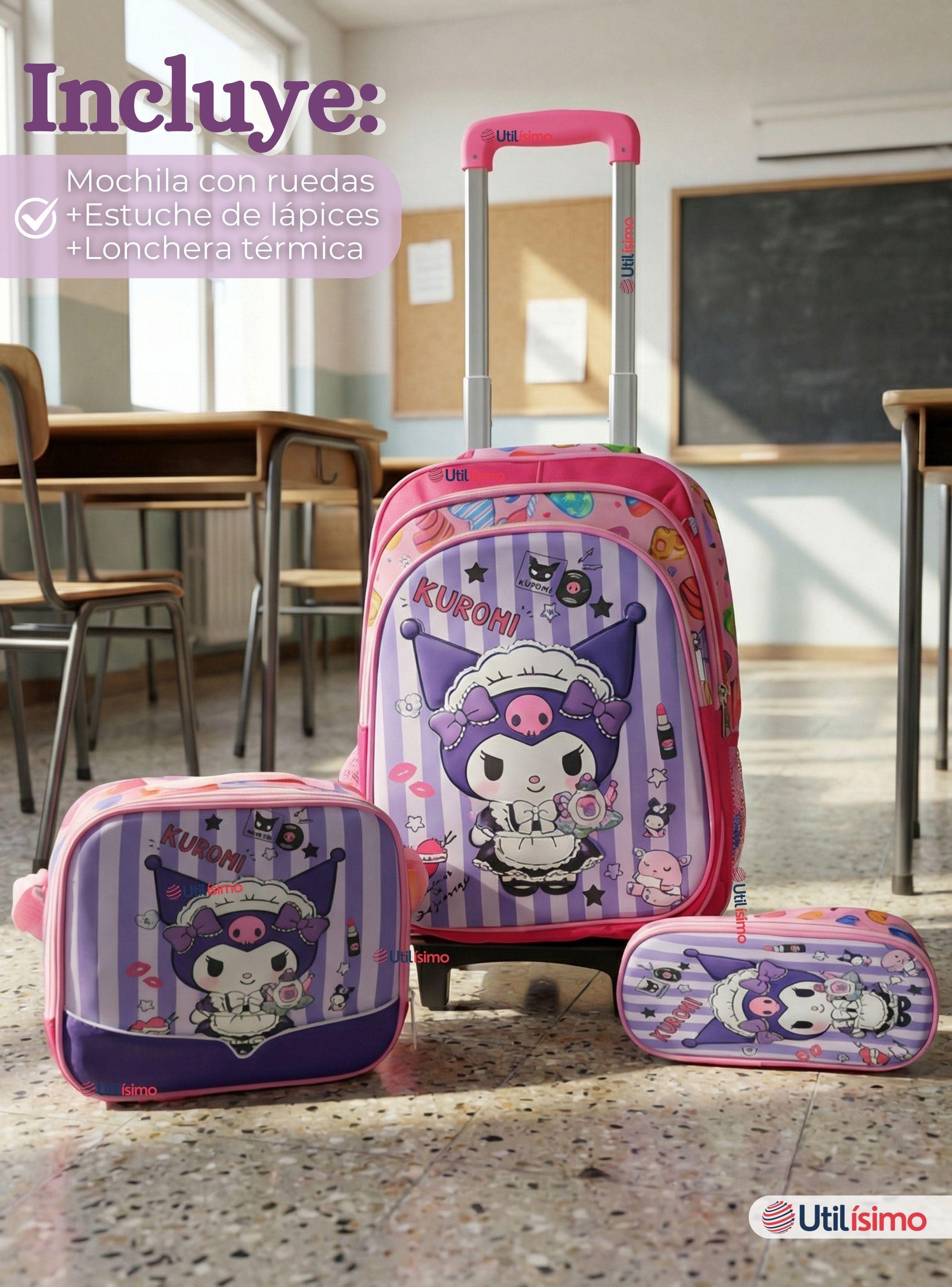 Mochila Escolar Kuromi 3D Con Ruedas Desmontable + Estuche + Lonchera Poliéster Color Morado-1