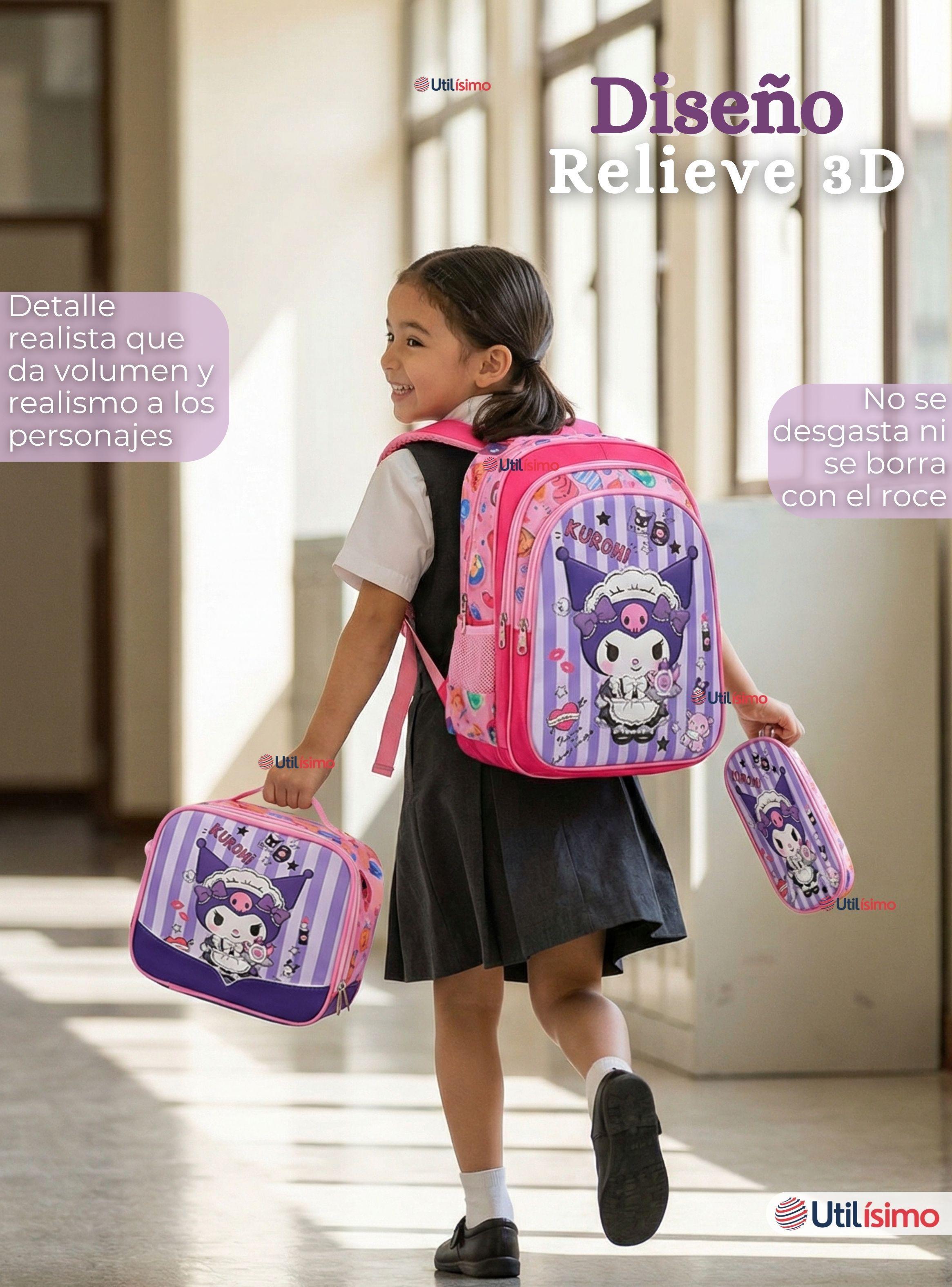 Mochila Escolar Kuromi 3D Con Ruedas Desmontable + Estuche + Lonchera Poliéster Color Morado-5