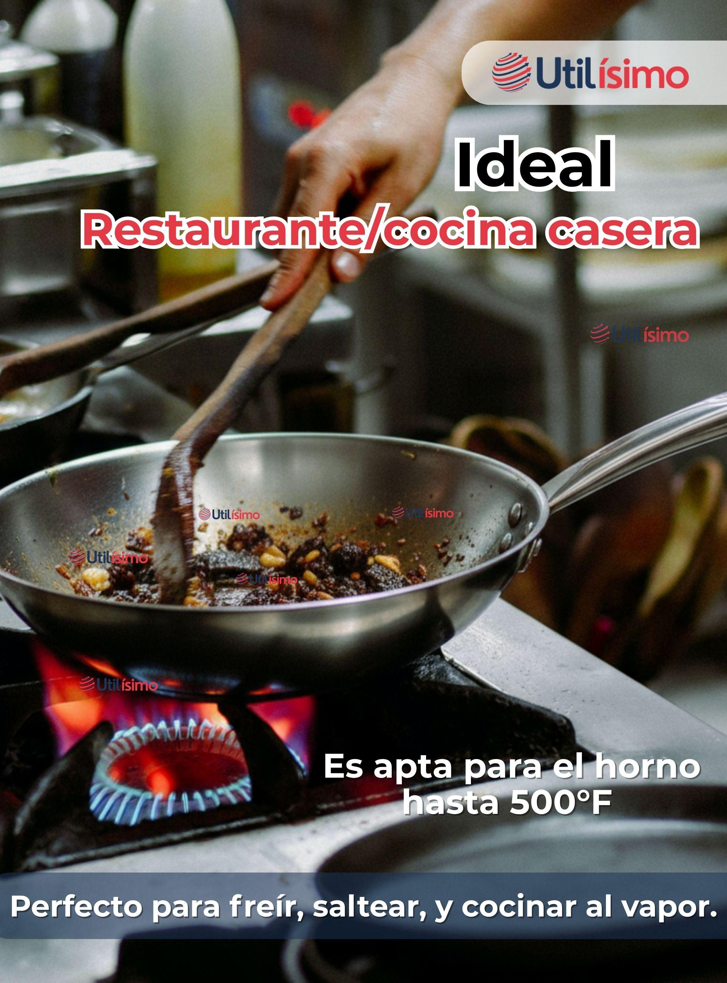 Sartén Wok Acero Inoxidable Antiadherente 34cm +Cuchara Madera Bambú-7