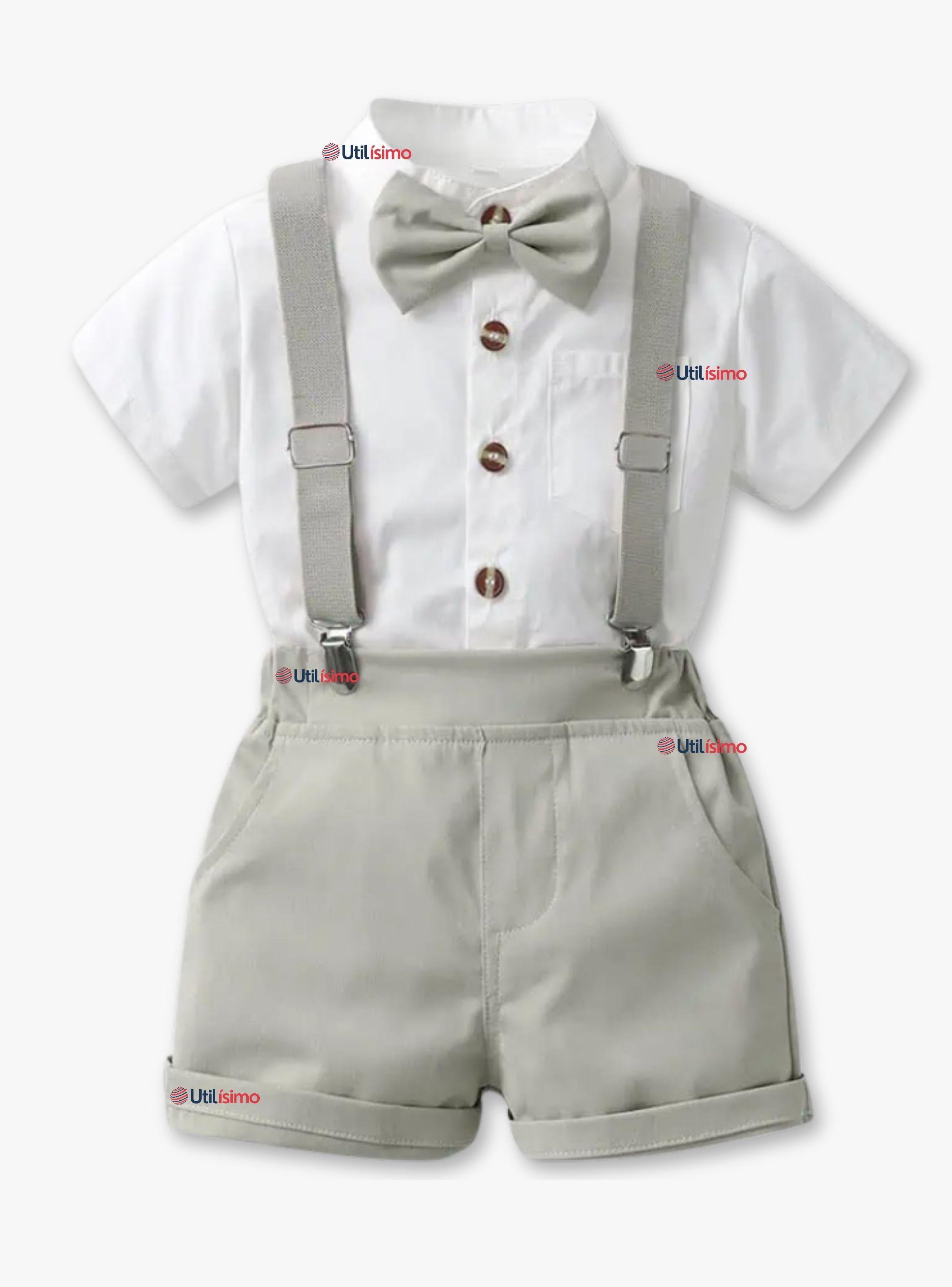 Conjunto De Vestir Con Tirantes Camisa Pantalón Corto Algodón Bebé color Gris-0