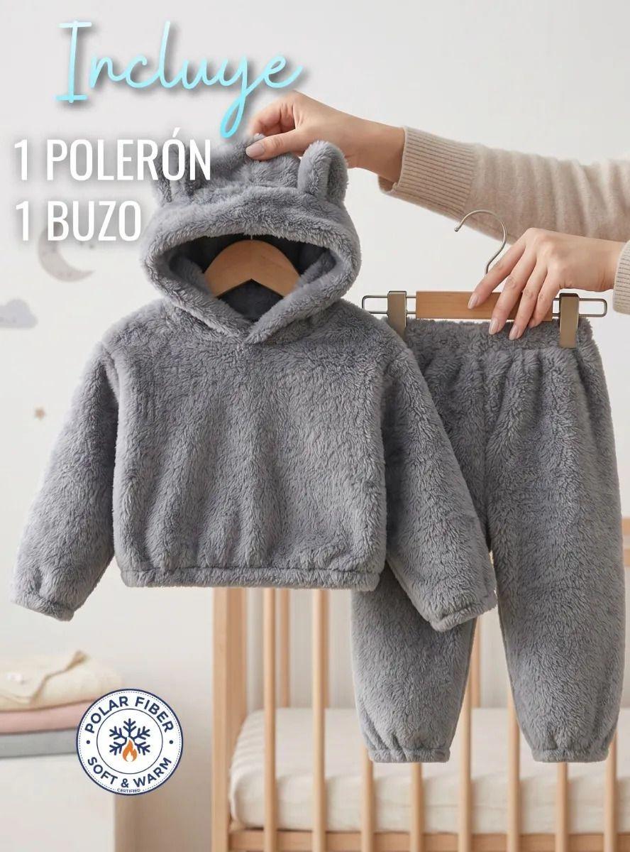 Conjunto 2 Piezas Buzo Polerón Con Capucha Polar de Color Gris-2