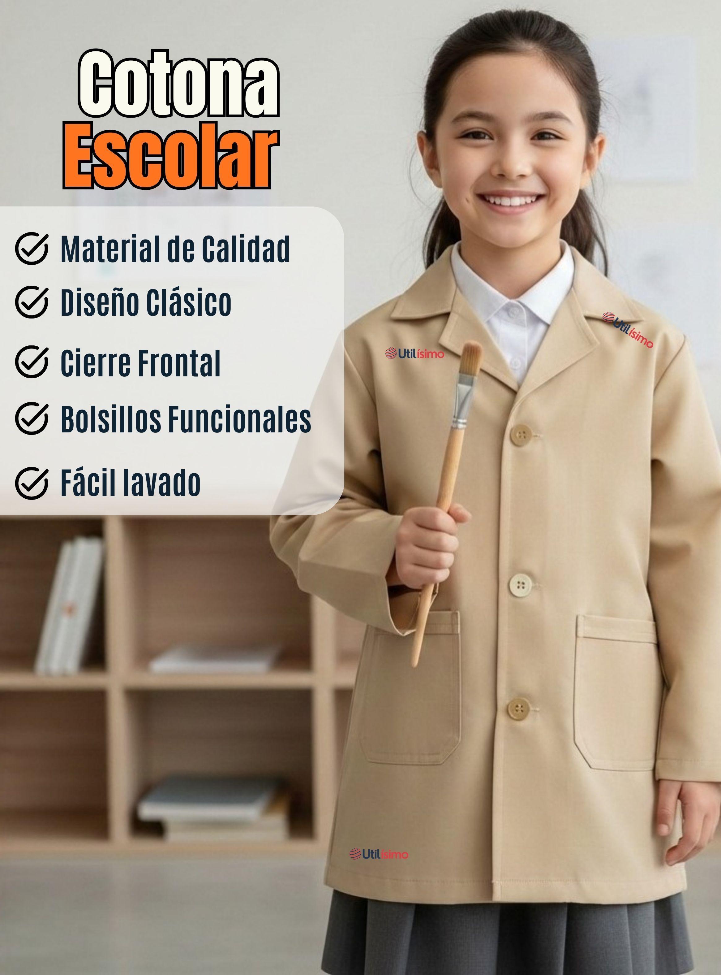 Cotona Delantal Escolar Color Beige Niño Niña Unisex Bata-2