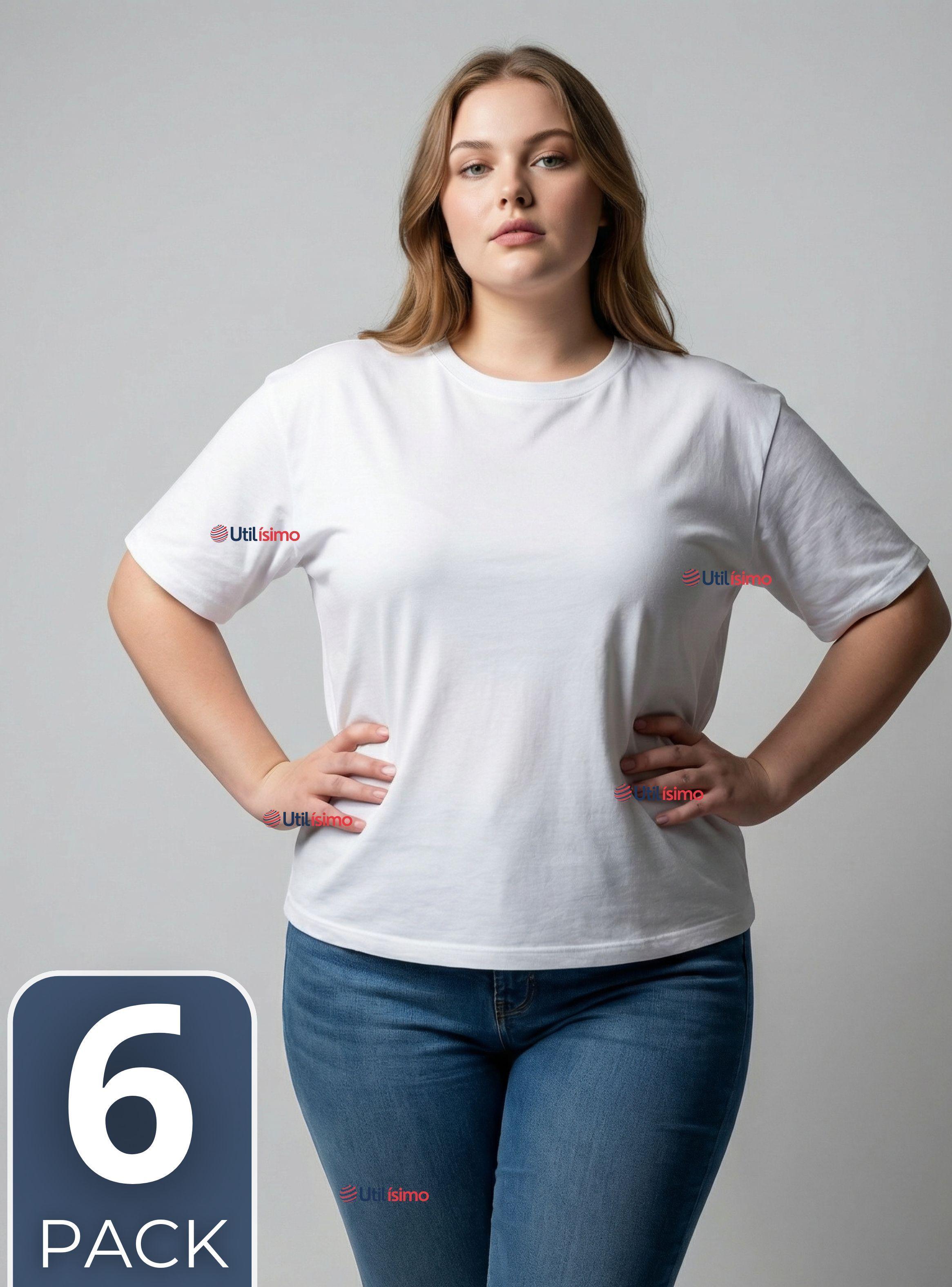 Pack 6 Camisetas Poleras 100% Algodón Básica Lisa Elástica para Mujer Blanco-0