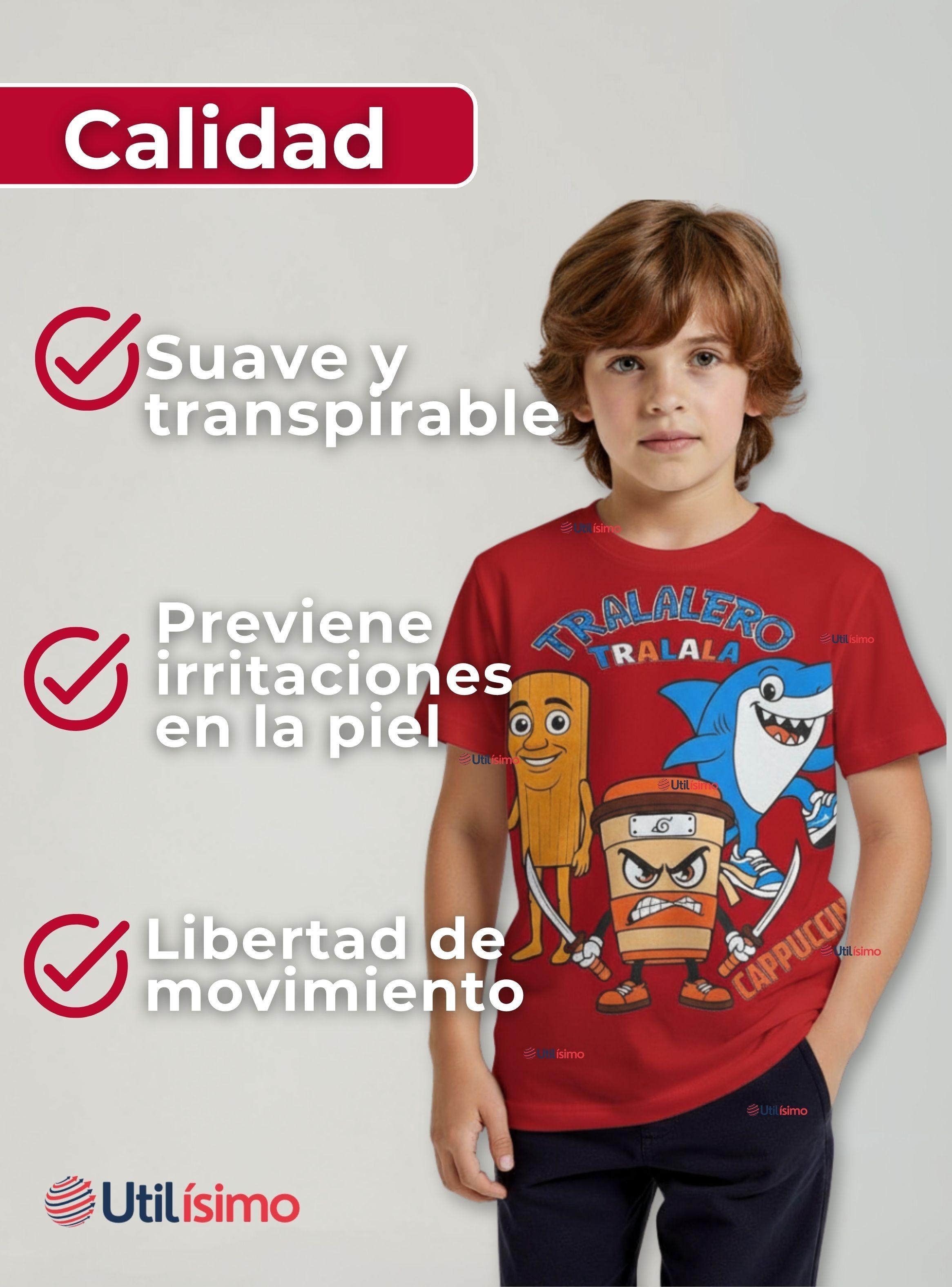 Polera Brainrots 100% Algodón Manga Corta Niños Tralalero Rojo-4