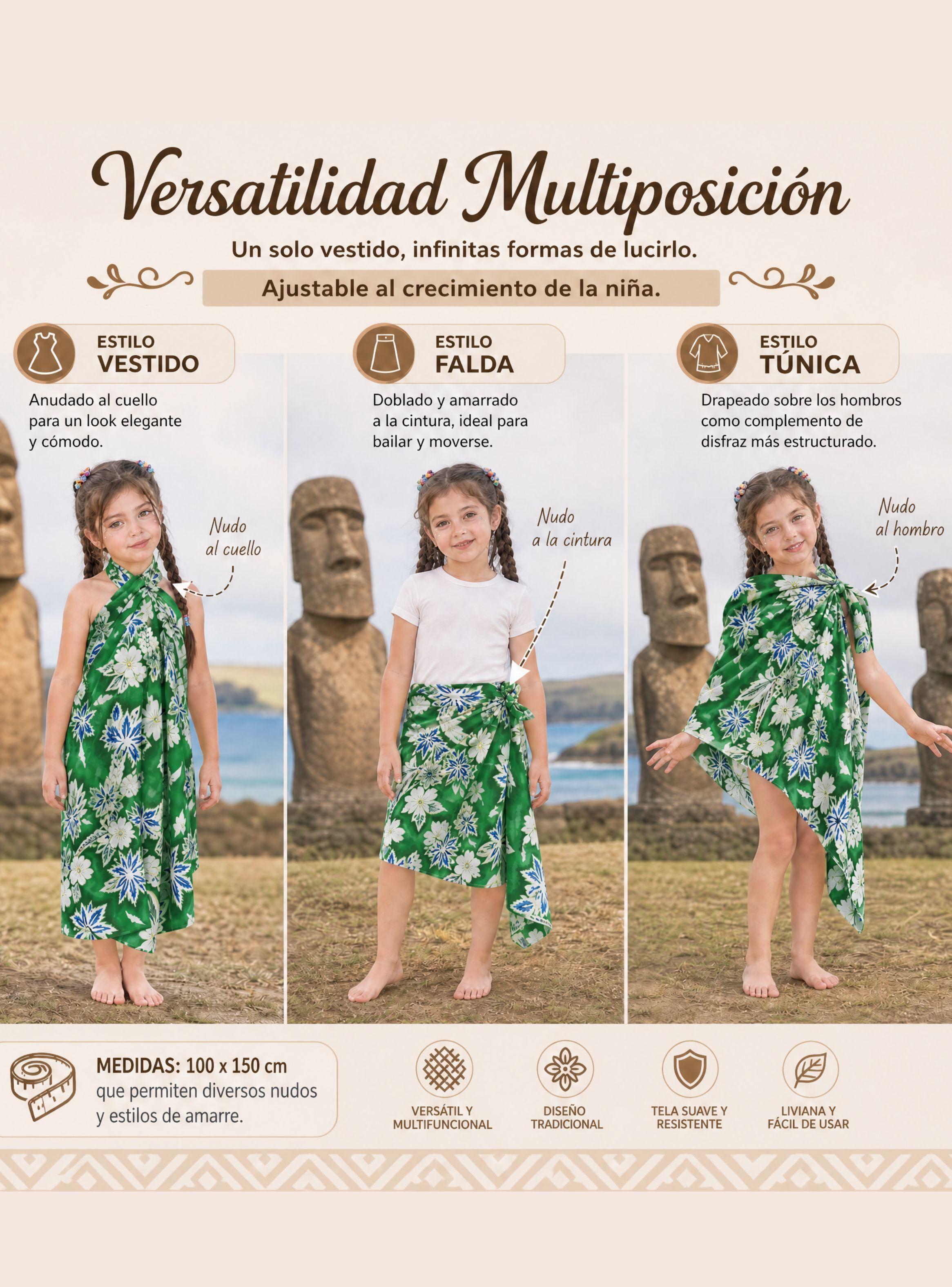 Pareo Pascuense Niña Hawaiano Verde Danza Fiestas Patrias-6