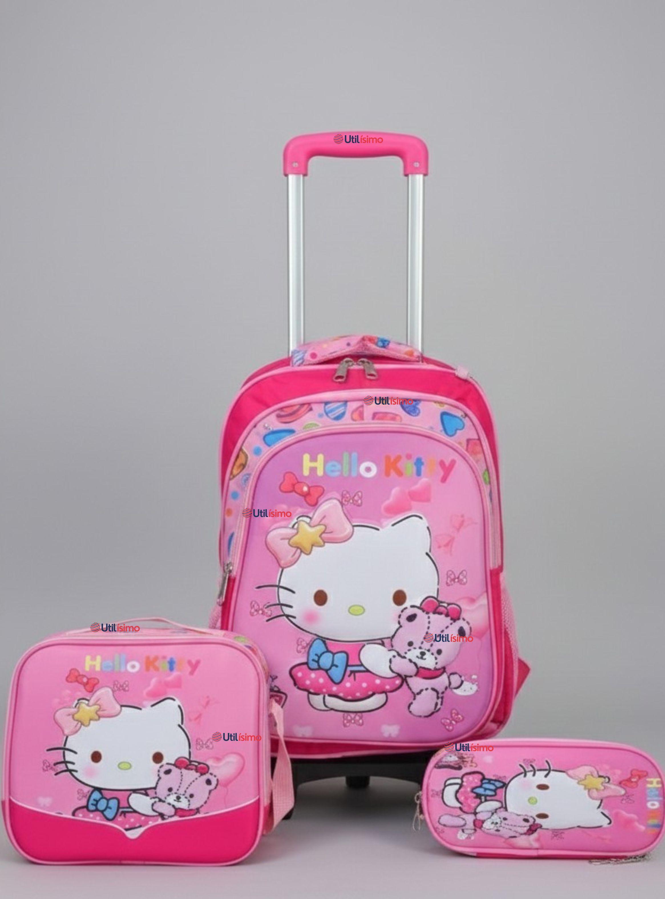 Mochila Escolar Hello Kitty Teddy Con Ruedas Desmontables + Estuche + Lonchera para Niñas Poliéster-0