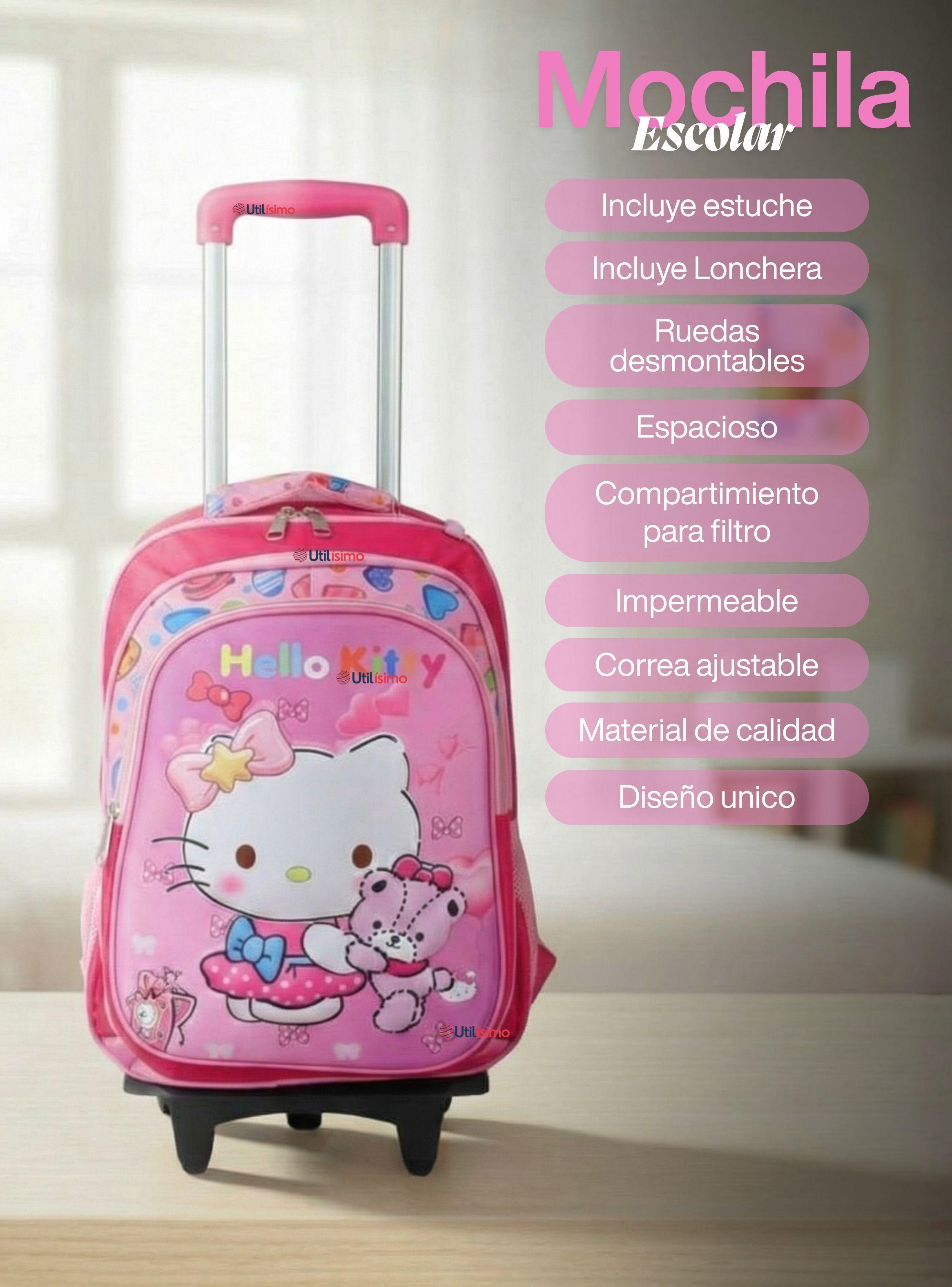 Mochila Escolar Hello Kitty Teddy Con Ruedas Desmontables + Estuche + Lonchera para Niñas Poliéster-1