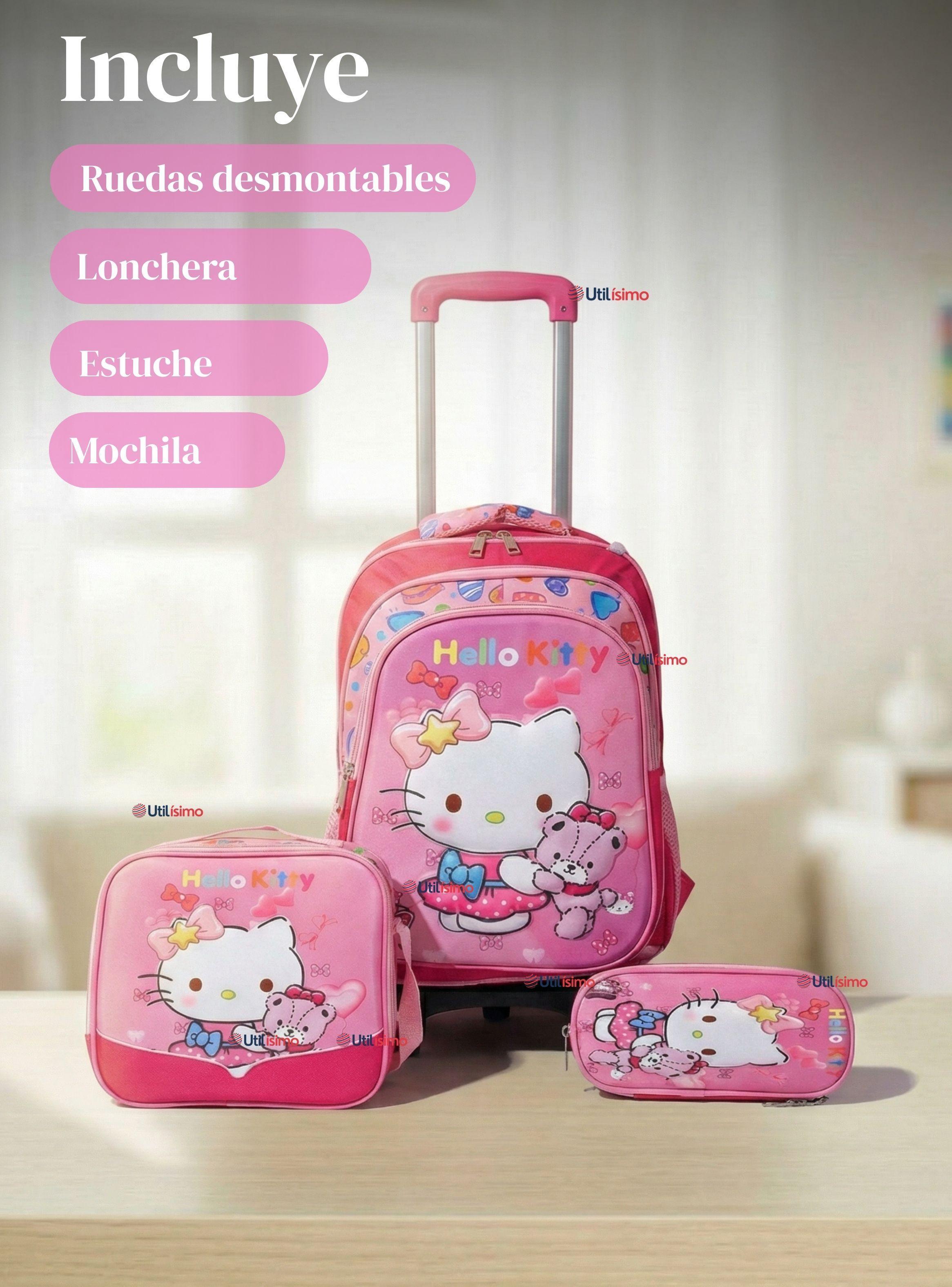 Mochila Escolar Hello Kitty Teddy Con Ruedas Desmontables + Estuche + Lonchera para Niñas Poliéster-2