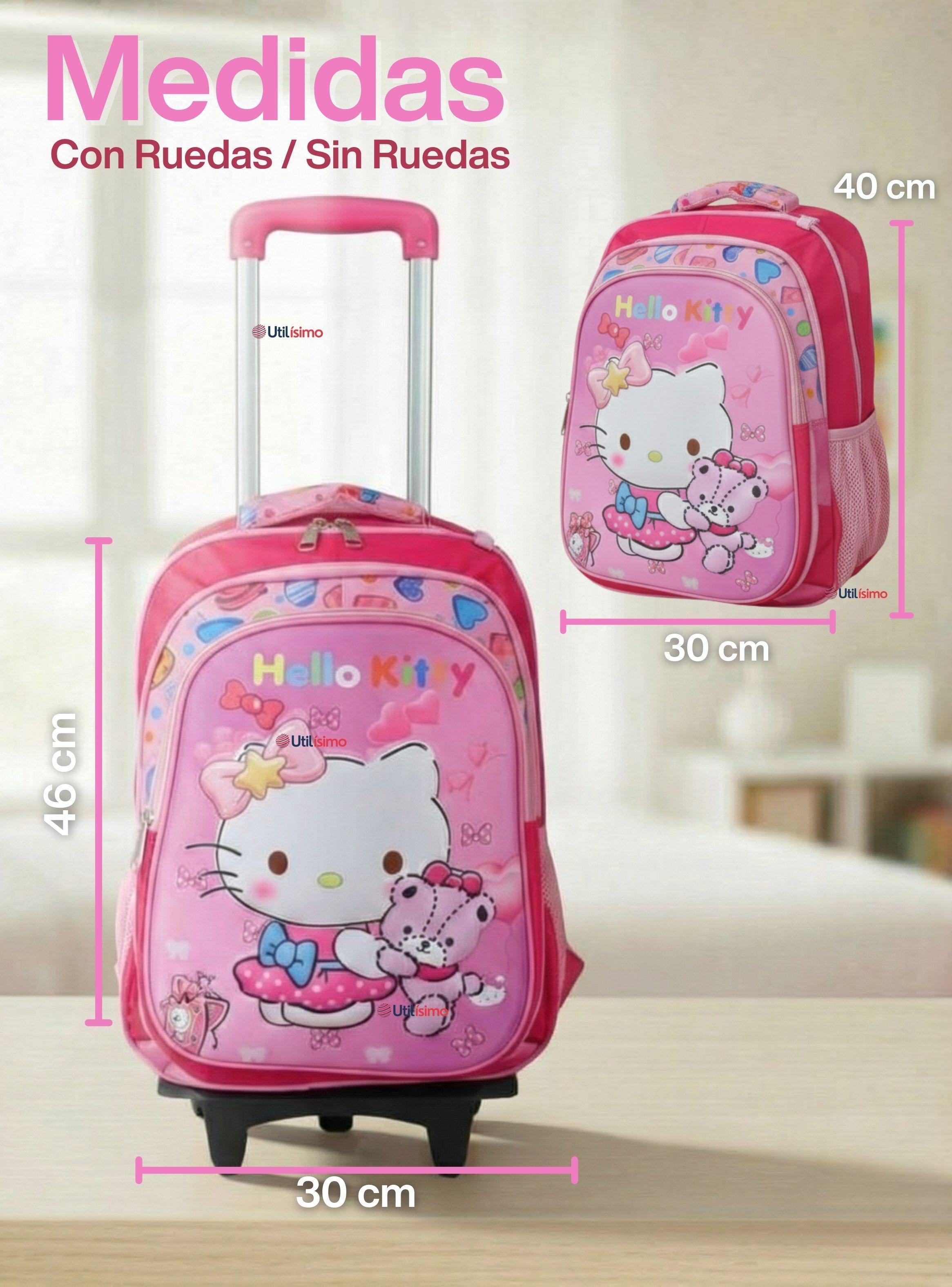 Mochila Escolar Hello Kitty Teddy Con Ruedas Desmontables + Estuche + Lonchera para Niñas Poliéster-3